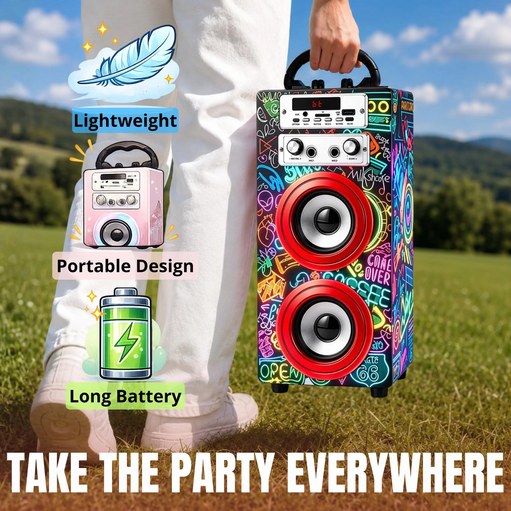 DYNASONIC Przenośna maszyna do karaoke, 2 mikrofony, głośnik Bluetooth, światła, czytnik USB i SD, prezent dla dzieci w wieku 5-13 lat (025-21 LIGHTS)