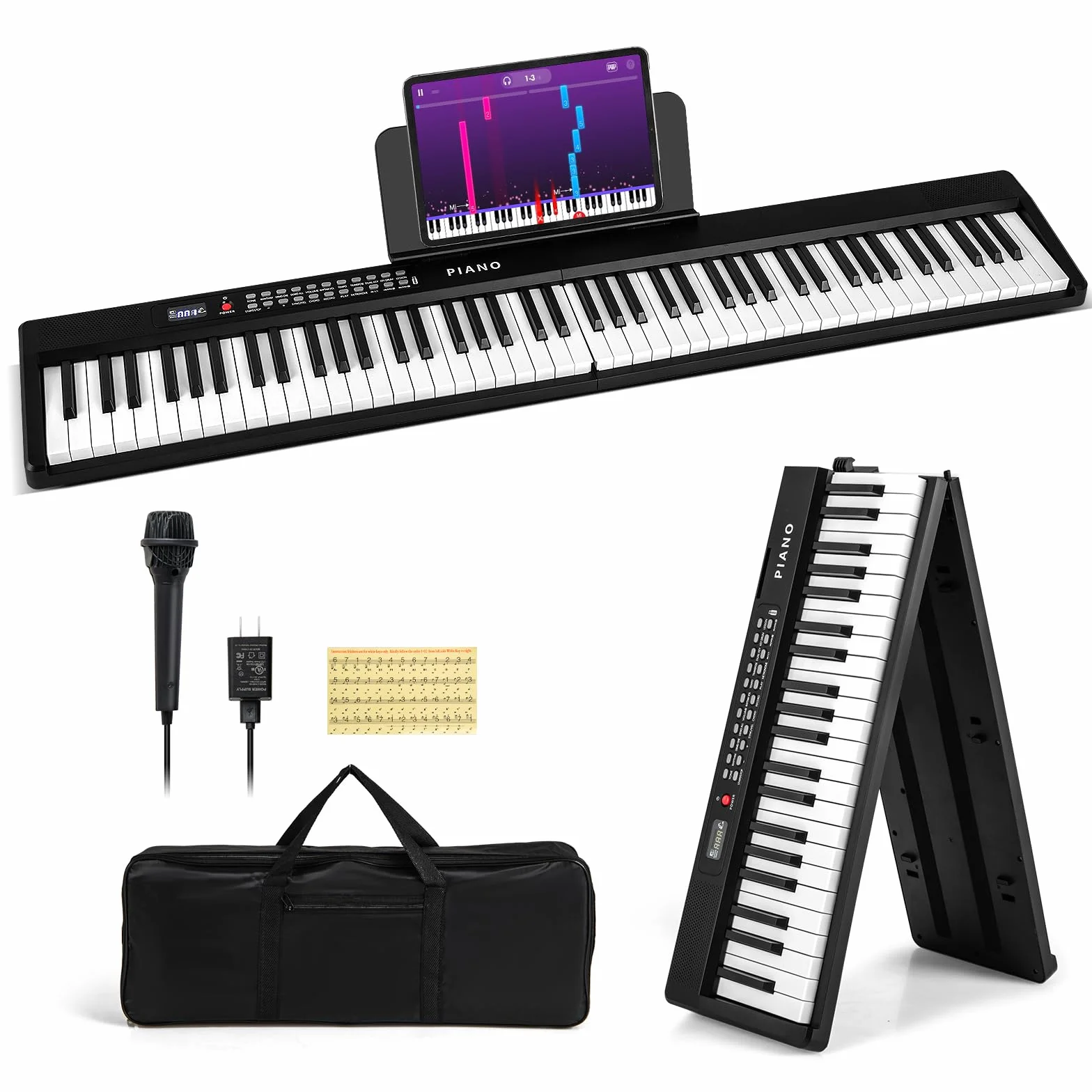 COSTWAY Pianino klawiaturowe 88 klawiszy, składane cyfrowe pianino z 1000 rytmami, 1000 dźwiękami, 150 demo, Bluetooth MIDI, pianino dla dzieci z mikrofonem i torbą, E-Piano dla początkujących (Czarny