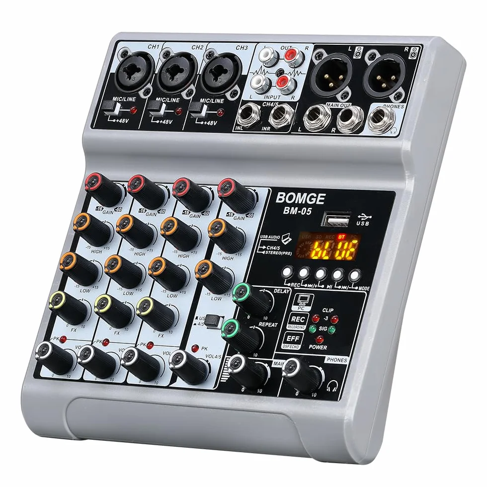 BOMGE Mikser audio, konsola miksująca z 5-kanałowym cyfrowym efektem opóźnienia echa, USB, Bluetooth, 48 V, Phantom Power Stereo DJ miksery do nagrywania, transmisji na żywo, podcastów