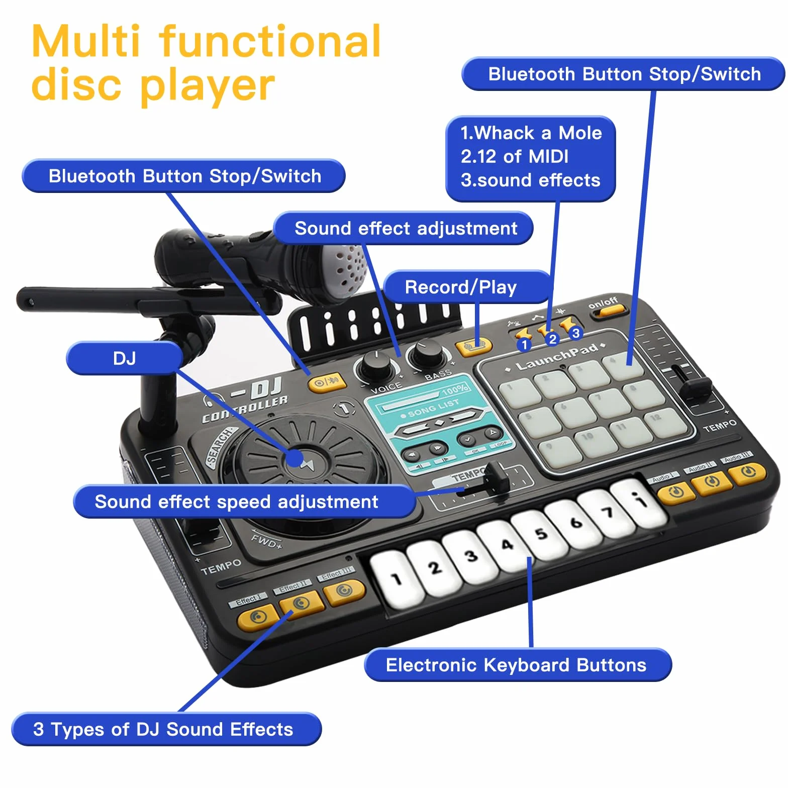 Mikser DJ dla dzieci i odtwarzacz płyt można podłączyć do mikrofonu Bluetooth