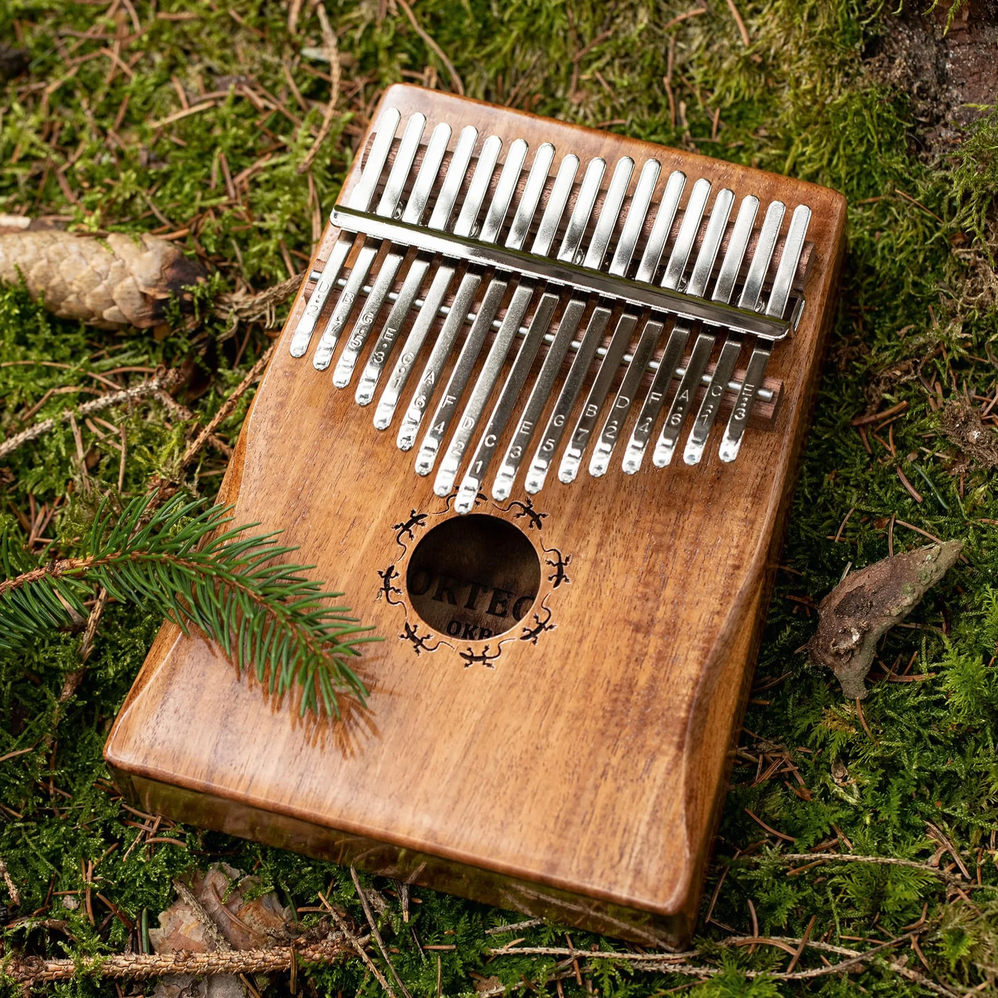 Ortega Kalimba C-Dur akustyczny fortepian na kciuk – seria Lizard – 17 kluczy – medytacja, LoFi – w zestawie etui Deluxe, torba z materiału, młotek do strojenia, ściereczka do polerowania (OKB1)