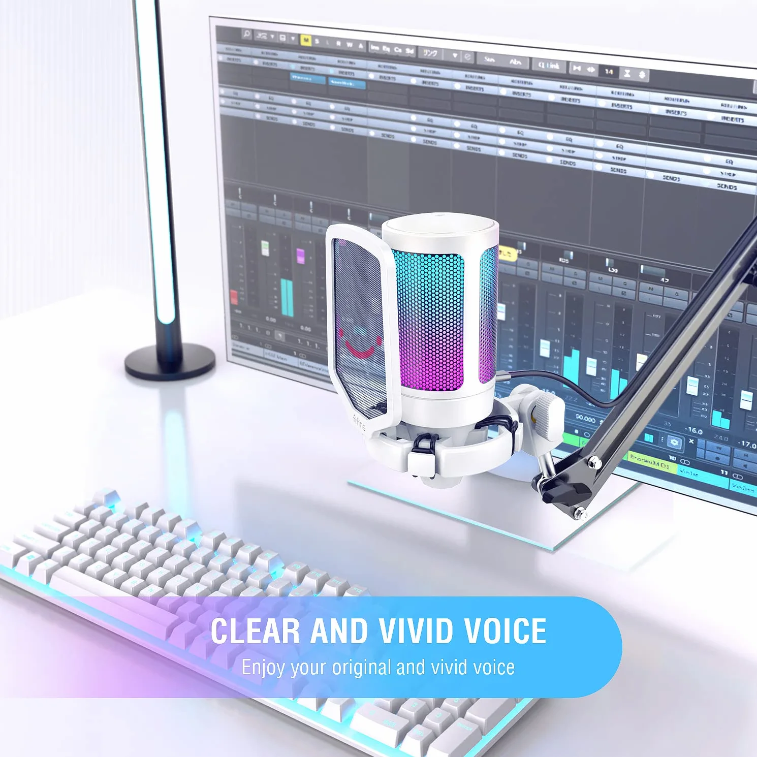 FIFINE USB Mikrofon do gier, RGB Kondensator Mikrofon do PC PS5, z przyciskiem ciszy, odporny na wstrząsy, uchwyt do statywu, filtr antyPop, do przesyłania strumieniowego Discord Twitch Podcasty wideo