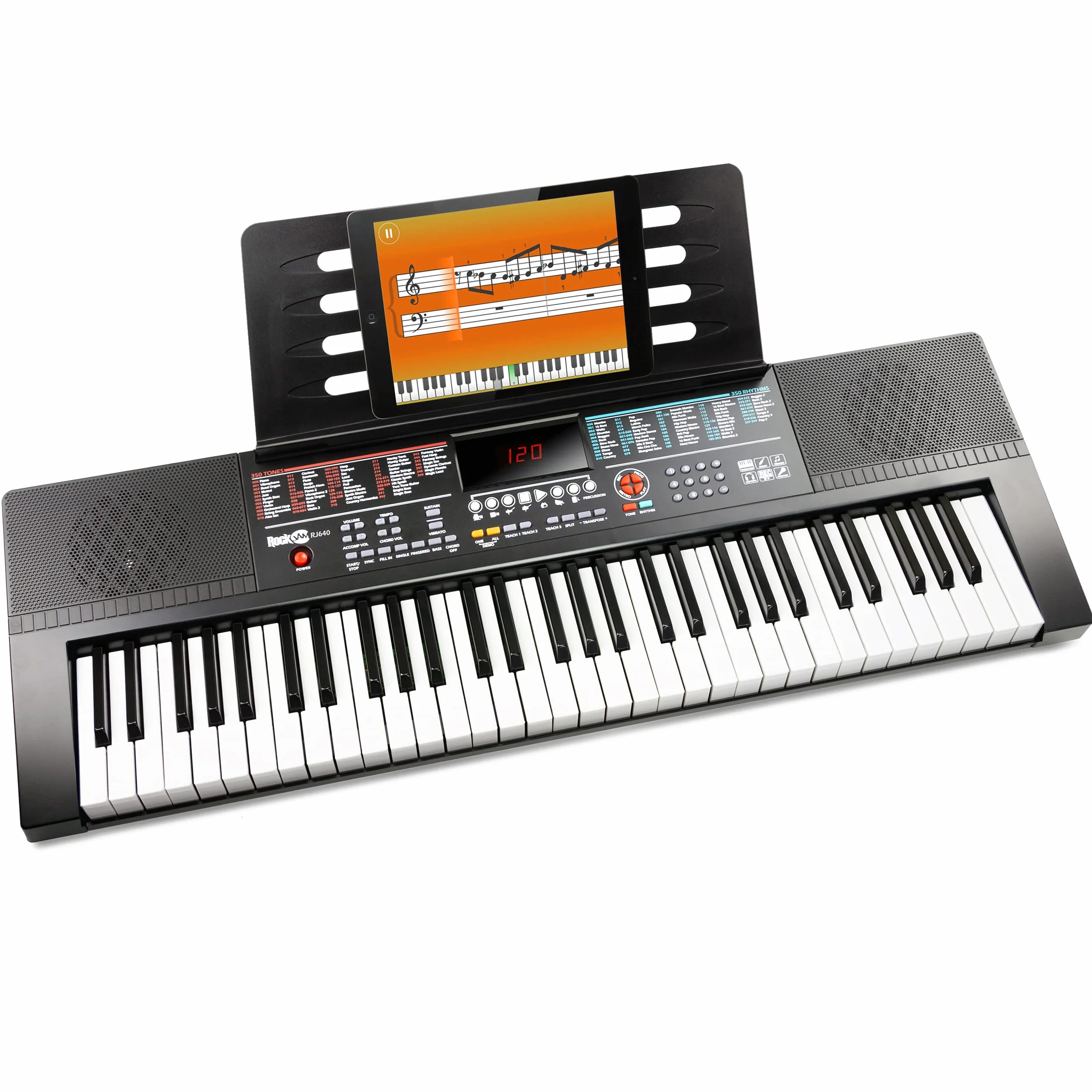 RockJam 61-Key Keyboard fortepian ze stojakiem na muzykę, pianino Note naklejki i lekcje