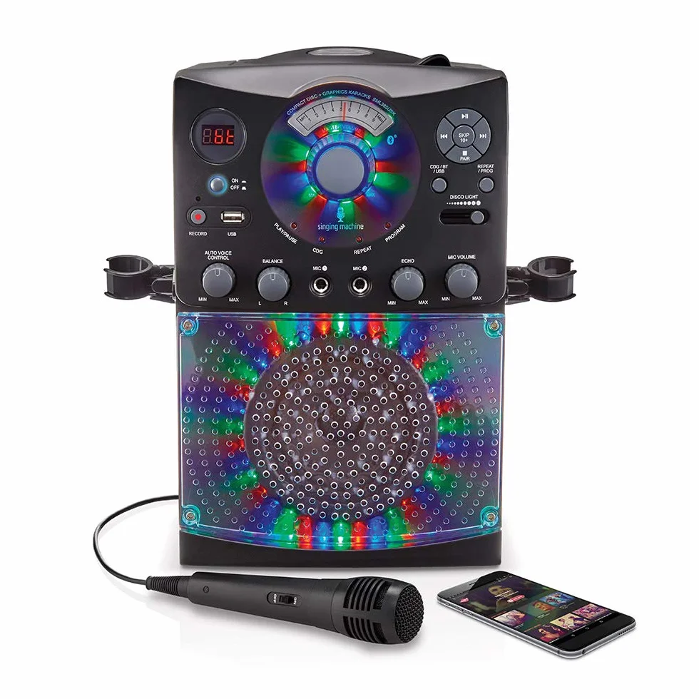 System do karaoke z połączeniem Bluetooth – Singing Machine SML385U w kolorze czarnym dla Europy – efekty świetlne LED, mikrofony, USB, wyjście RCA, sterowanie echem i balansowaniem oraz wejście AUX.