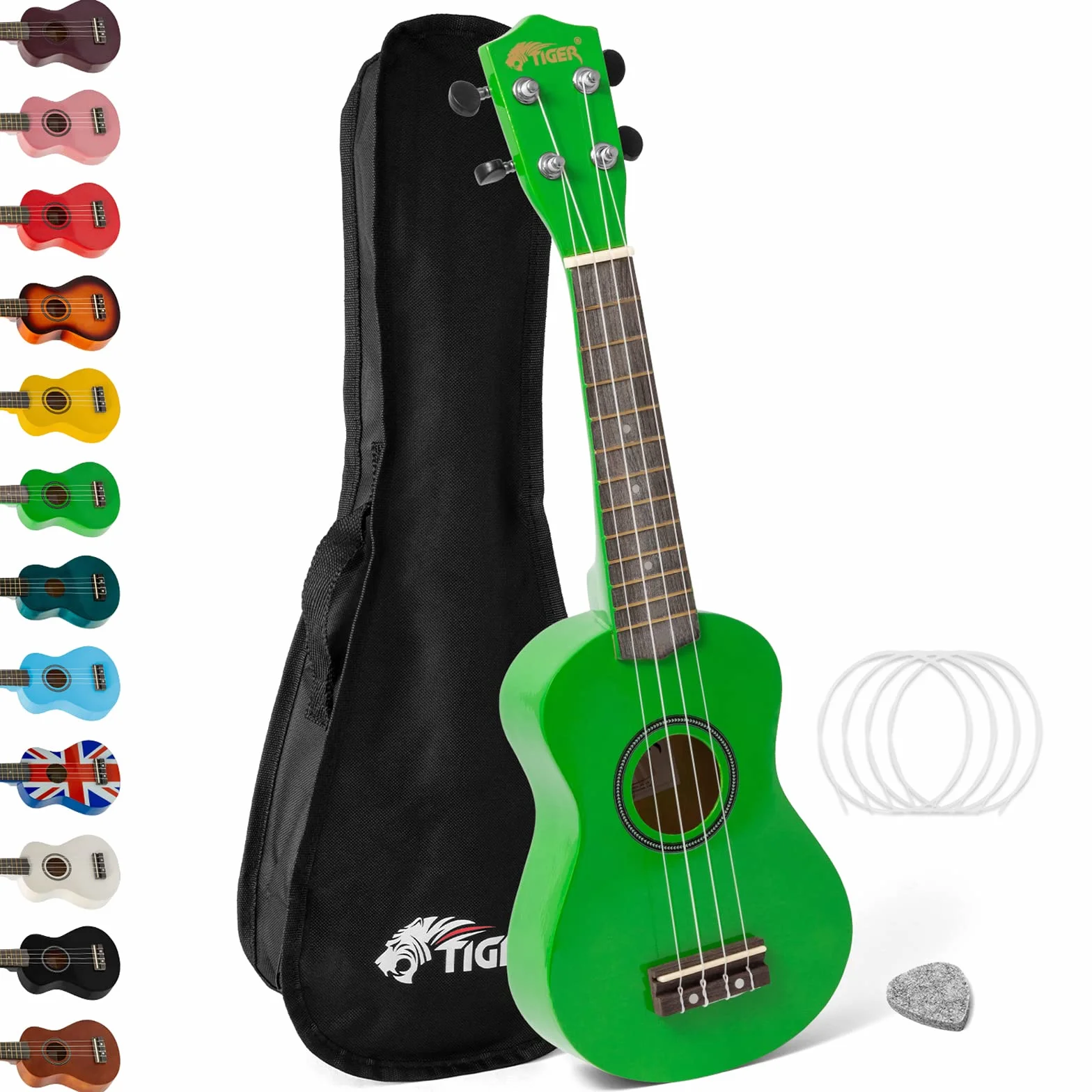 Tiger UKE7 ukulele sopranowe dla początkujących, zawiera torbę gigg, wykałaczkę filcową, zapasowy zestaw strun nowość dla 2020 teraz z tasiemkami AQUILA - zielony, UKE7-GR