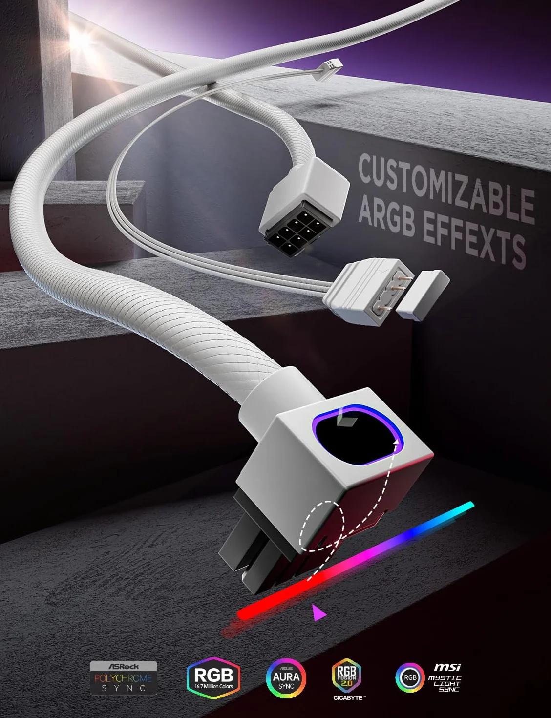 AsiaHorse Hydrus 8-Pin GPU Kabel przedłużający [TYP A - ZATZASK NA DOLE], Kabel zasilający PCIE do karty graficznej (NIE DLA CPU), 18AWG Sleeved, 5V ARGB Sync - Biały