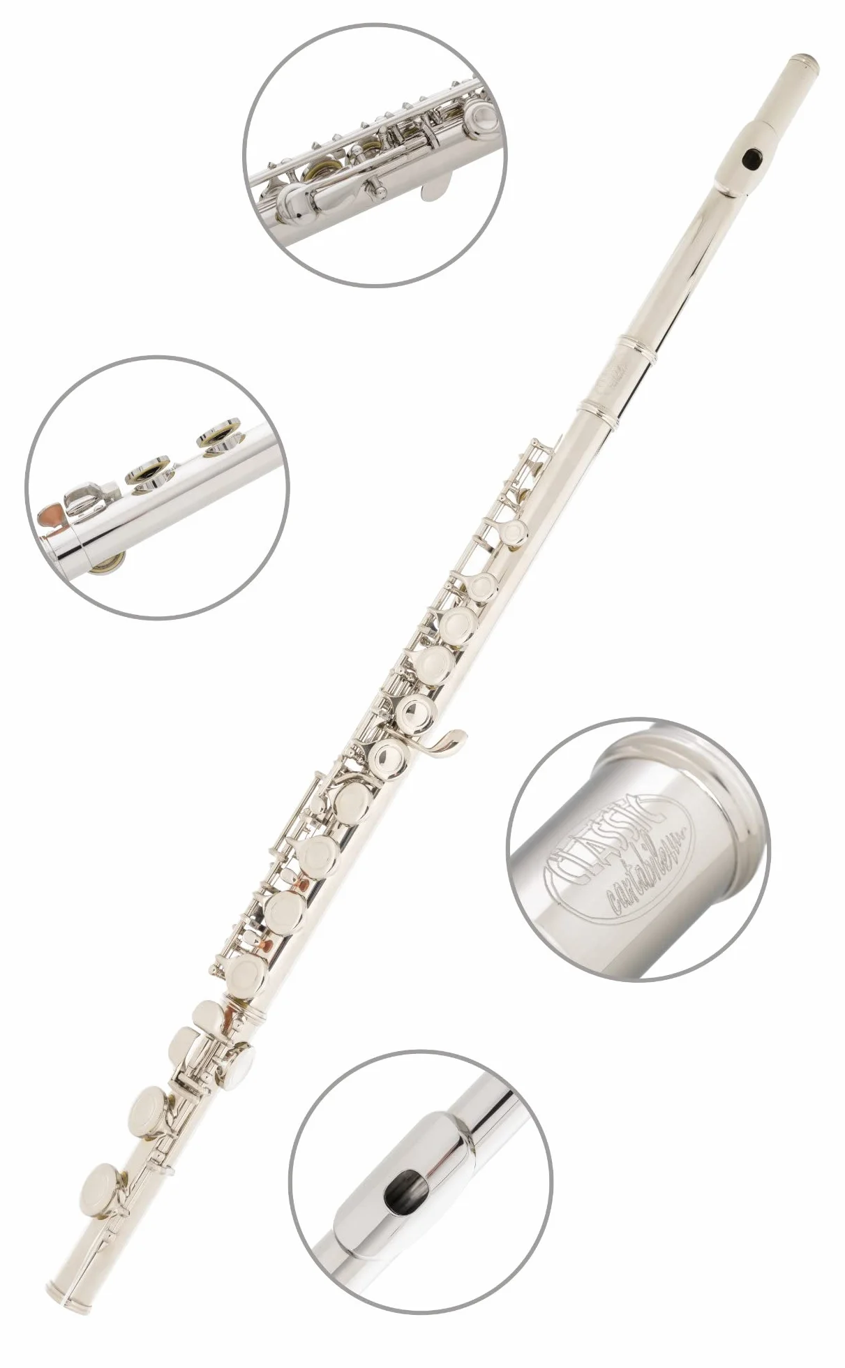 Classic Cantabile FL-100 flet poprzeczny (Świetny instrument dla początkujących, w całości z mosiądzu wysokoniklowego posrebrzanego, zamknięte klapy, e-mechanika, przesunięte G, strojenie C, w