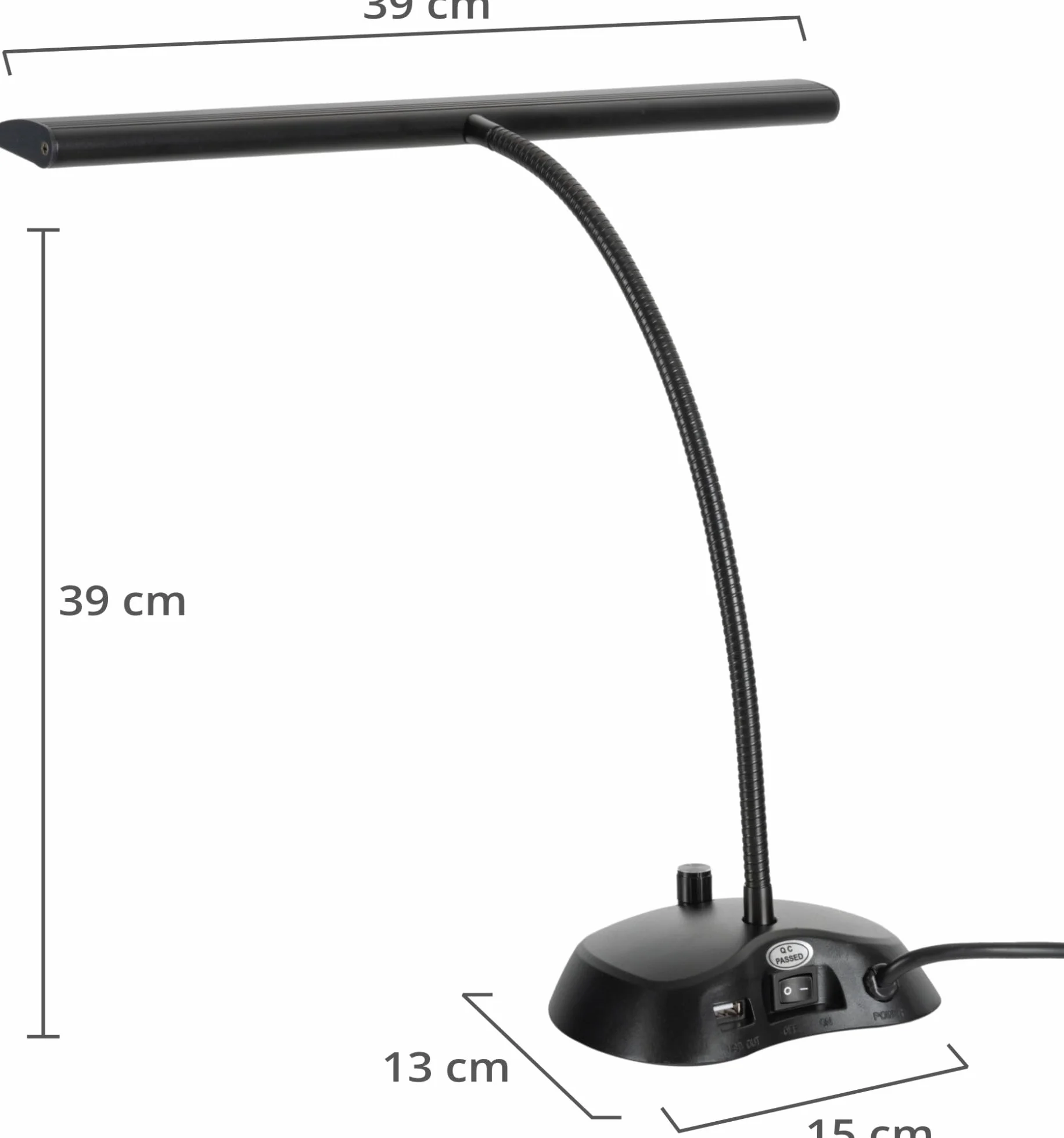 Classic Cantabile 12220 przyciemniana lampa fortepianowa, biała, 36 jasnych diod LED, długość 38 cm, zintegrowane złącze ładowania USB do smartfona lub tabletu, kolor czarny
