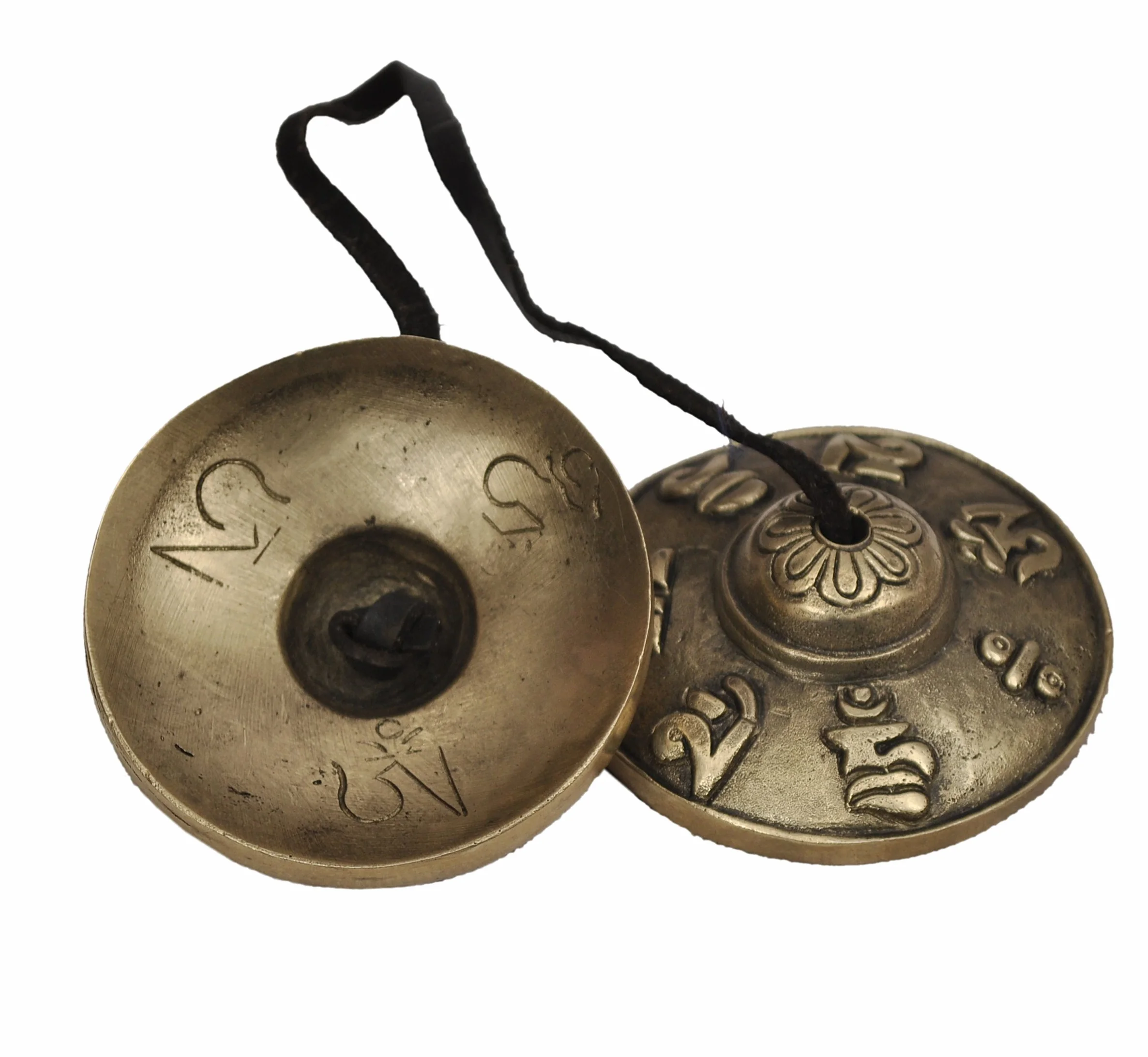 Dharma Store - Tybetańskie talerze Tingsha - 6,2 cm - OM Mane Padme Hum symbole wytłaczane