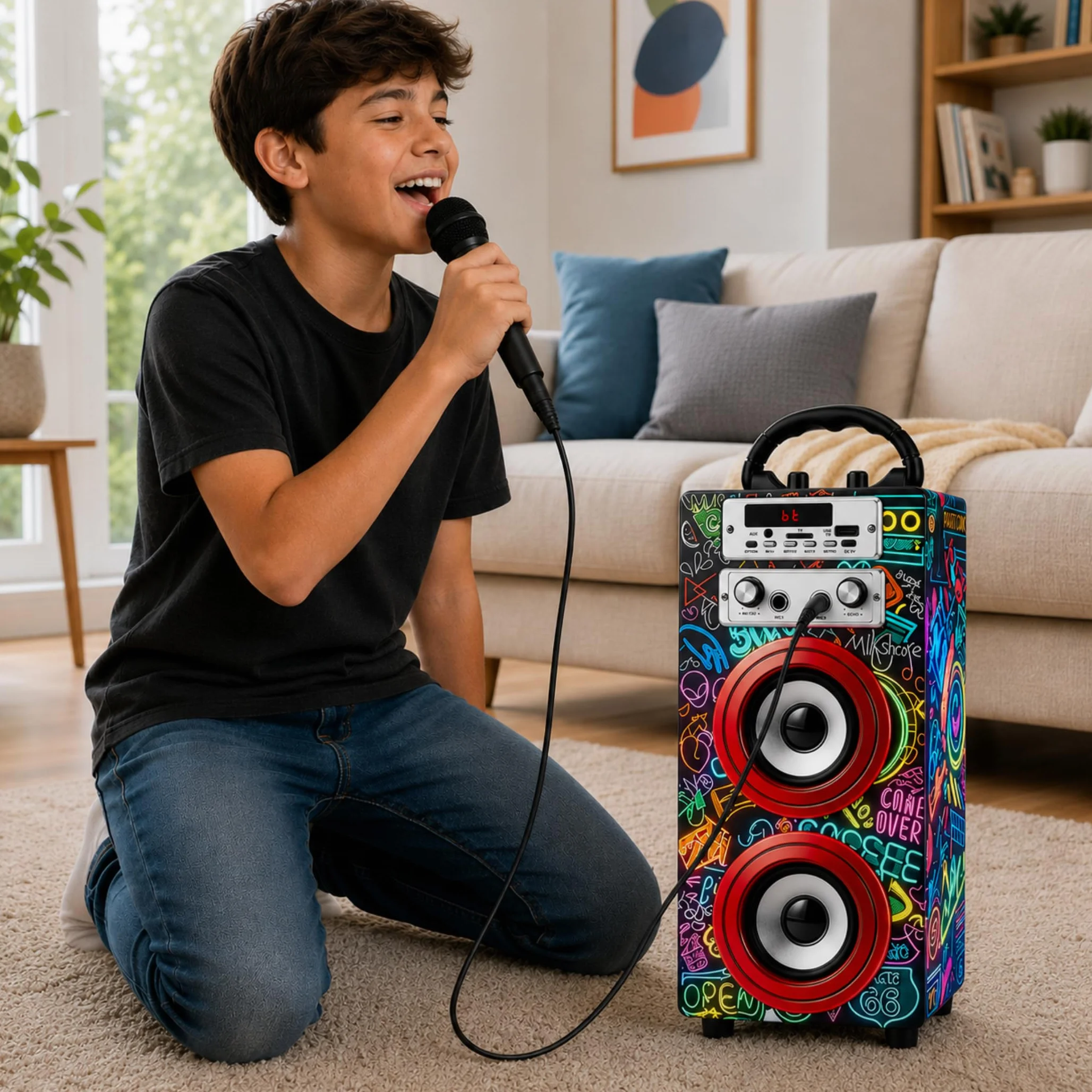 DYNASONIC Przenośna maszyna do karaoke, 2 mikrofony, głośnik Bluetooth, światła, czytnik USB i SD, prezent dla dzieci w wieku 5-13 lat (025-21 LIGHTS)