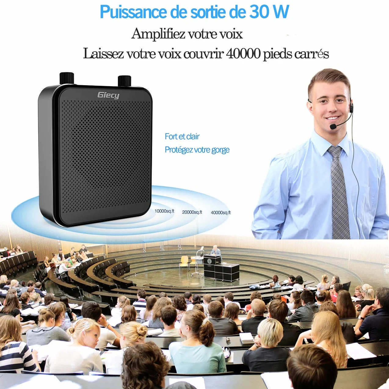 Przenośny wzmacniacz głosowy z mikrofonem Zestaw słuchawkowy 30 W, akumulator 2800 mAh, potężny system nagłośnienia dla nauczycieli, przewodników, trenerów, prezenterów