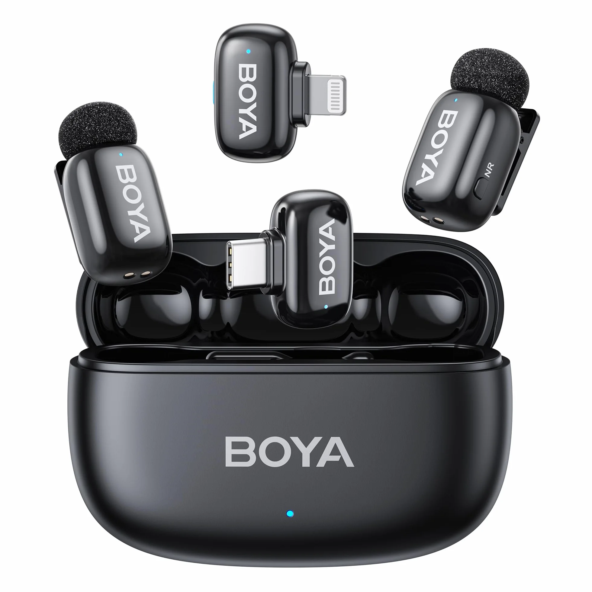 Boya Mini bezprzewodowy mikrofon krawatowy do iPhone’a/iPada, urządzeń z Androidem, z 2 wtyczkami i 2 mikrofonami, do 30 godzin, zmiana głosu AI, do vlogów, strumieniowania, TikToka, YouTube, czarny