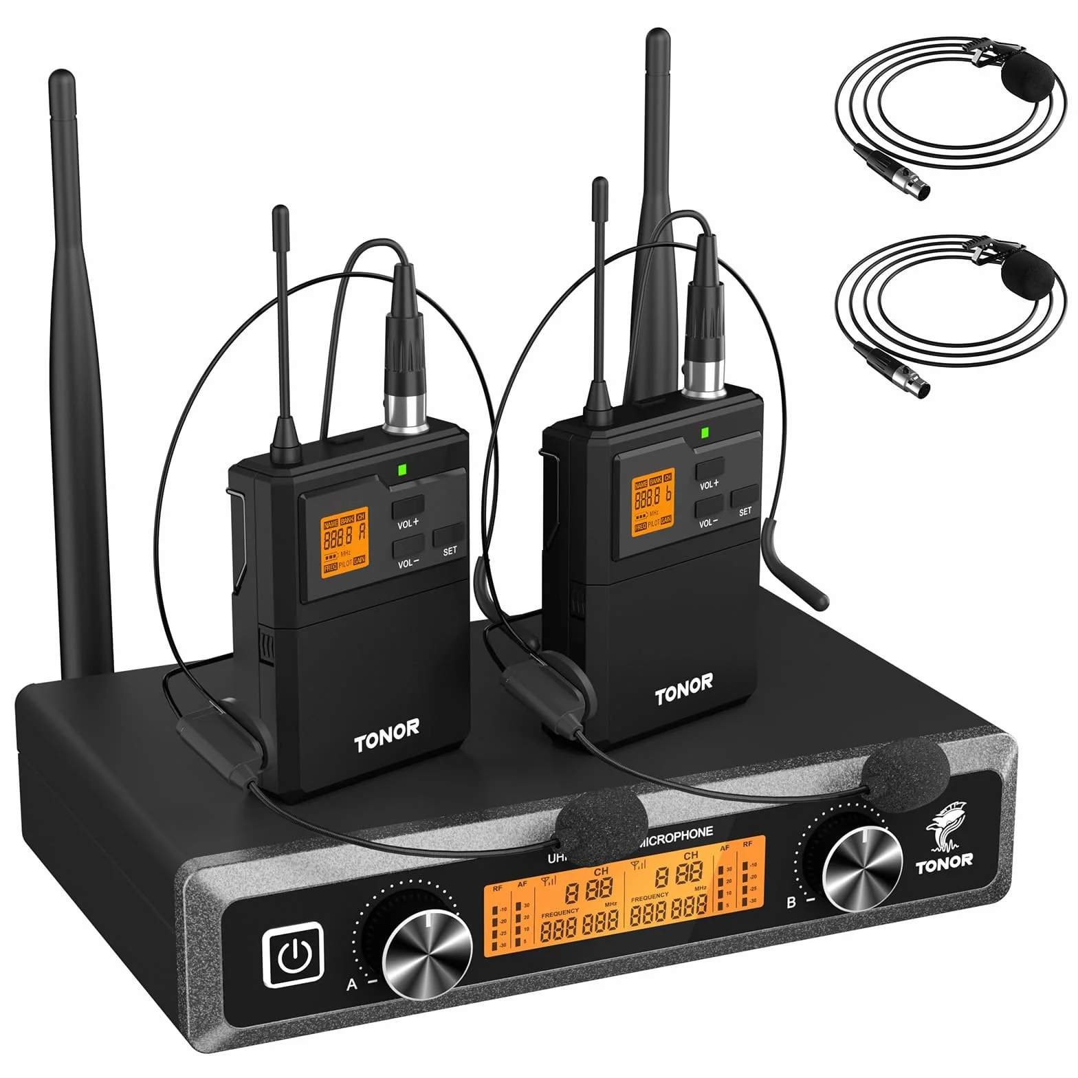 System mikrofonów bezprzewodowych TONOR UHF z mikrofonami słuchawkowymi/Lavalier Lapel Mics, nadajnik Bodypack, odbiornik, kanały 2 * 5, zakres 60M do śpiewu na żywo Karaoke Church Party