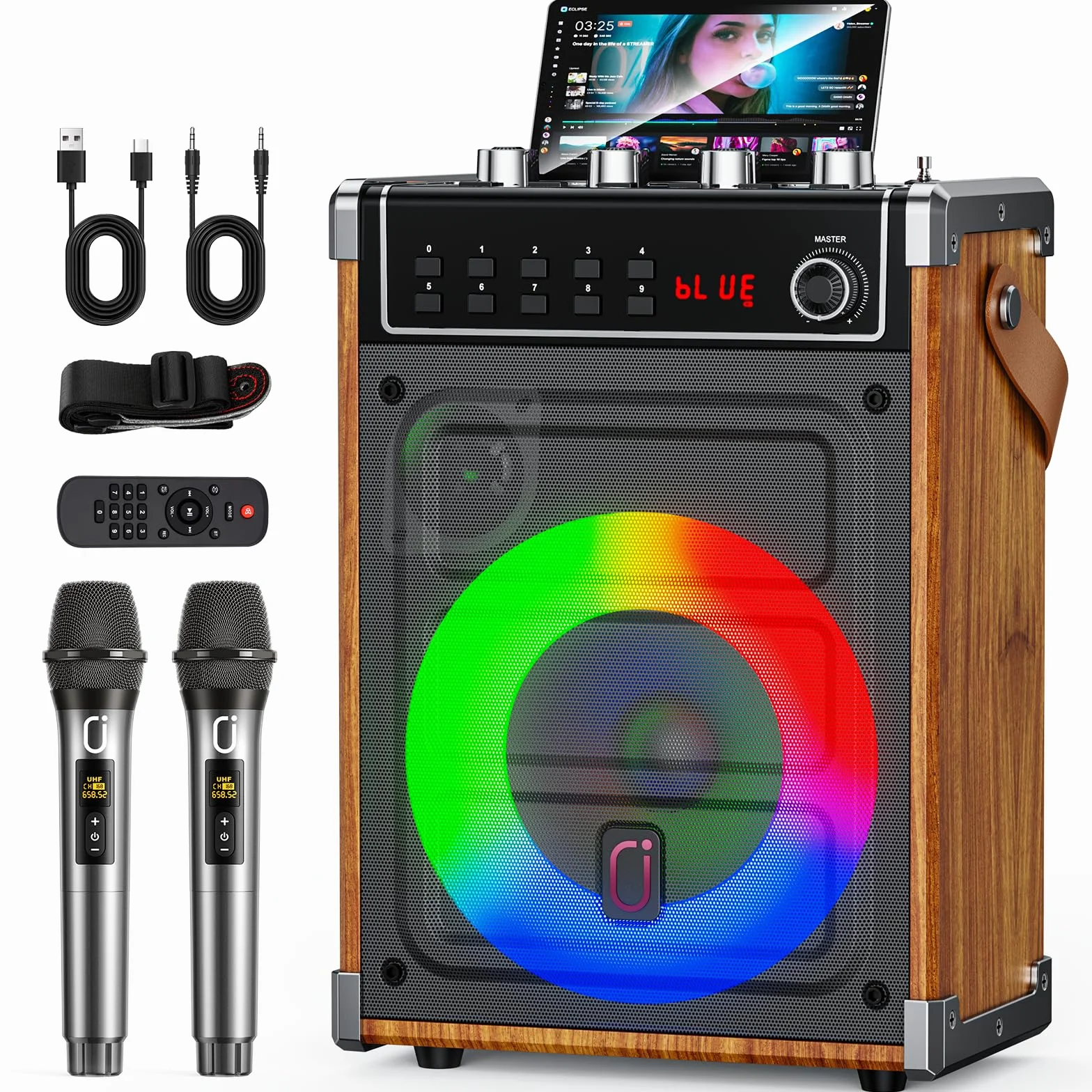 JYX Maszyna do karaoke z 2 mikrofonami bezprzewodowymi UHF, regulacją tonów niskich i wysokich oraz oświetleniem LED, obsługą TWS, wejściem AUX, FM, REC