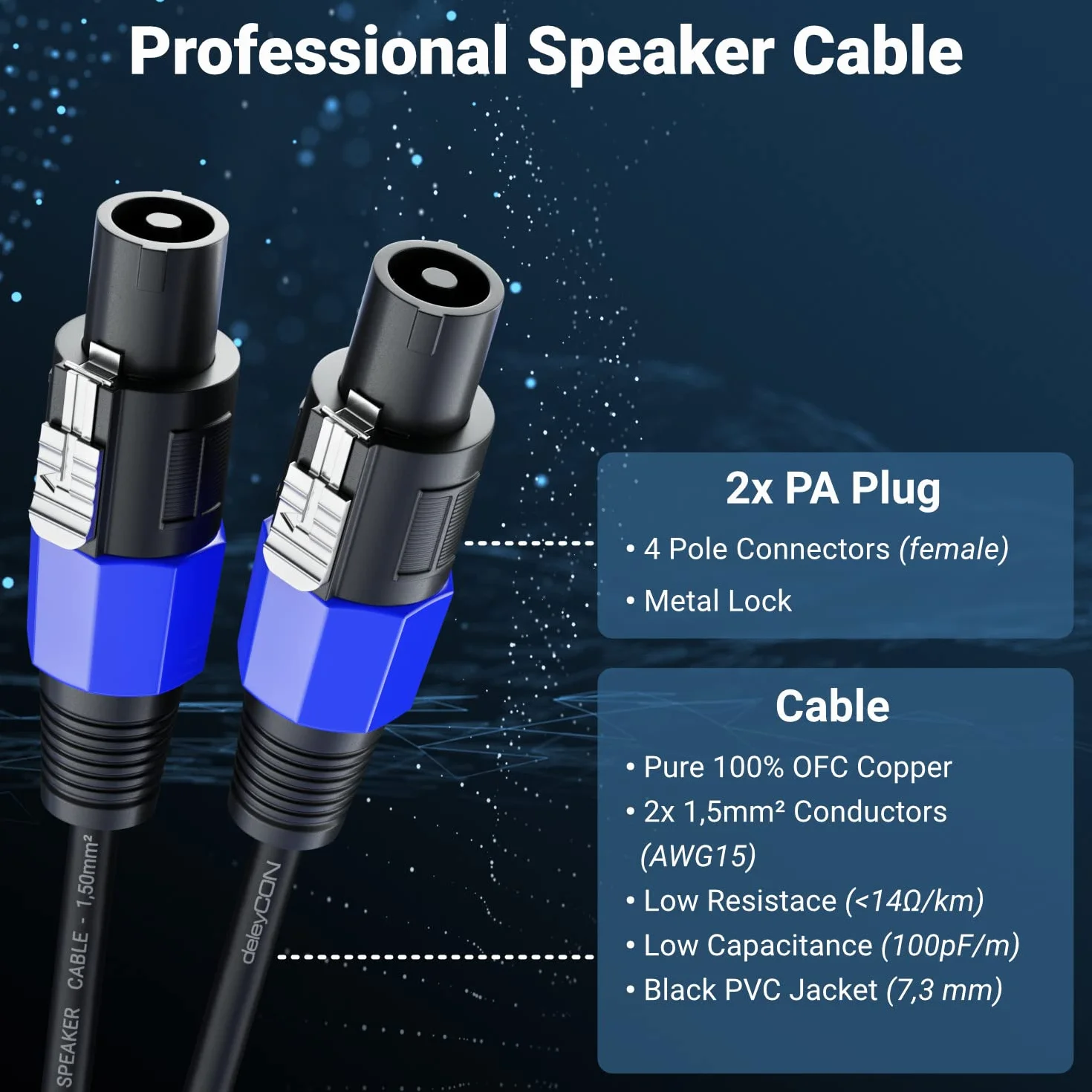deleyCON 10m Kabel Głośnikowy PA - Jakość Studyjna - z czystej Miedzi OFC - Przewód do Głośników PA 2-Biegunowy 2x 1,5mm² (AWG15) 7,2mm - Metalowa Blokada