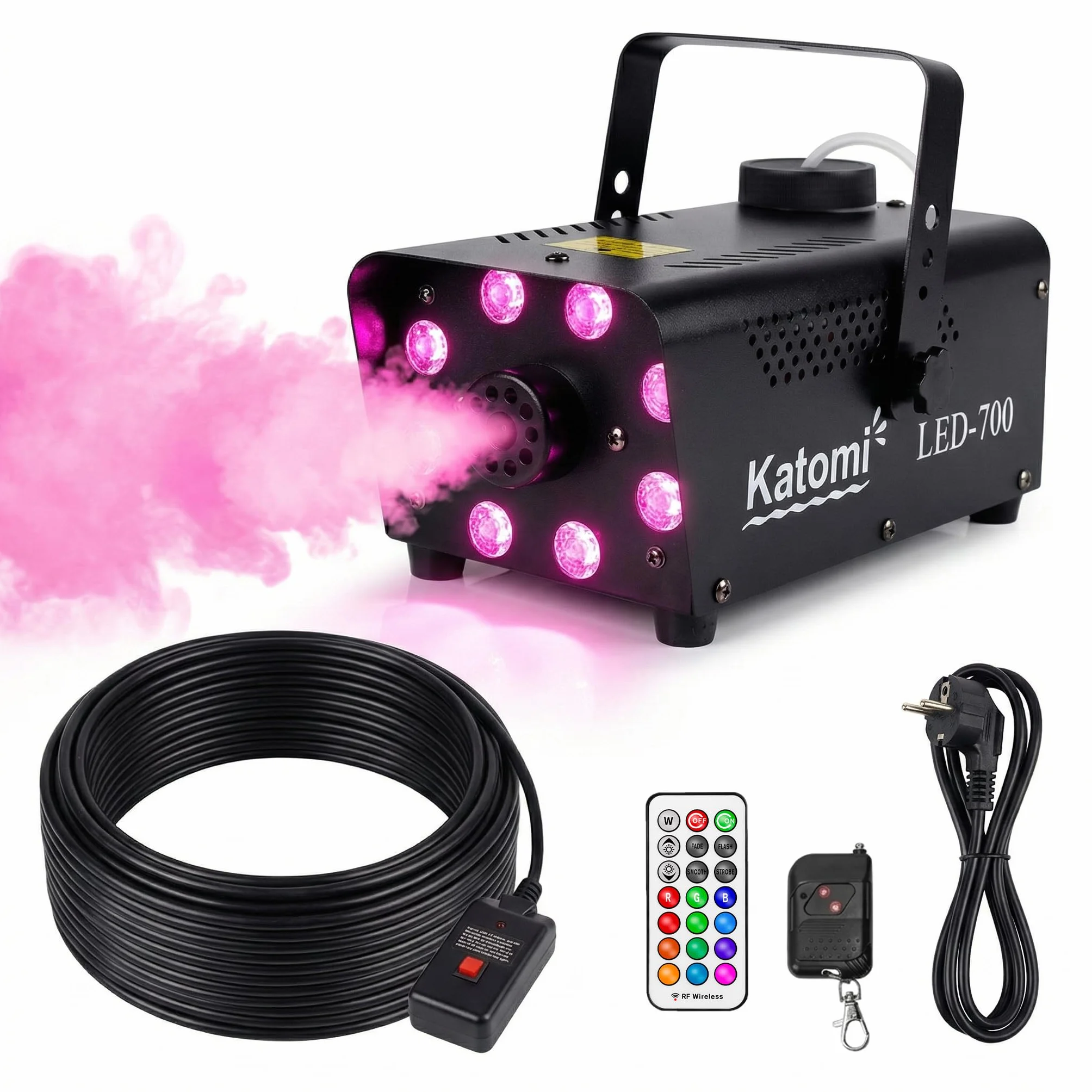 maszyna do dymu z efektem RGB, 700 W, 13 kolorów, 8 diod LED, mini wytwornica dymu z 2 przewodowymi i radiowymi pilotami, na imprezę dyskotekową, Halloween, wesela