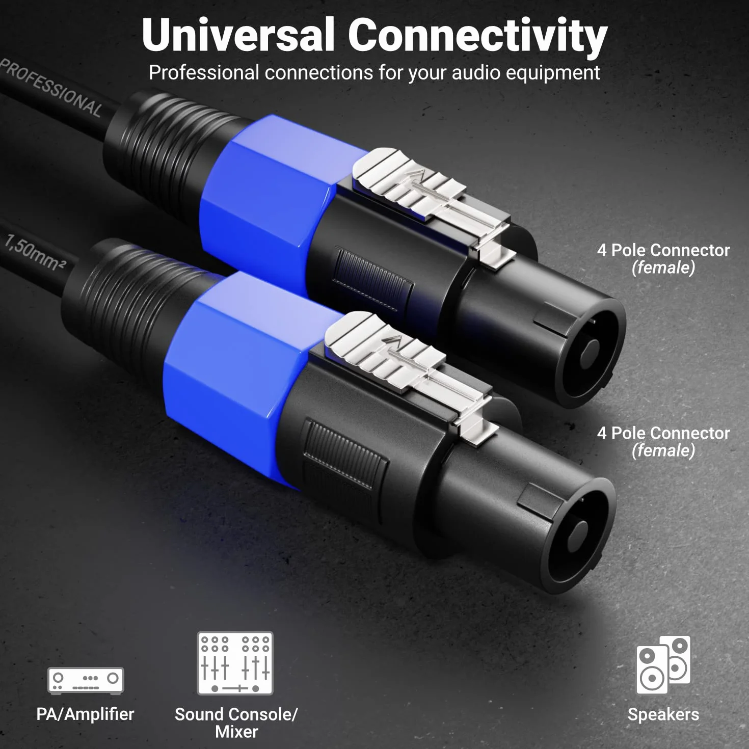 deleyCON 10m Kabel Głośnikowy PA - Jakość Studyjna - z czystej Miedzi OFC - Przewód do Głośników PA 2-Biegunowy 2x 1,5mm² (AWG15) 7,2mm - Metalowa Blokada