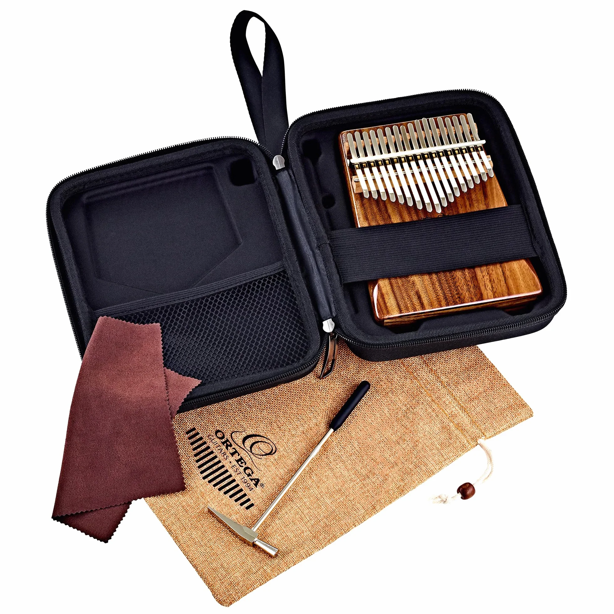 Ortega Kalimba C-Dur akustyczny fortepian na kciuk – seria Lizard – 17 kluczy – medytacja, LoFi – w zestawie etui Deluxe, torba z materiału, młotek do strojenia, ściereczka do polerowania (OKB1)