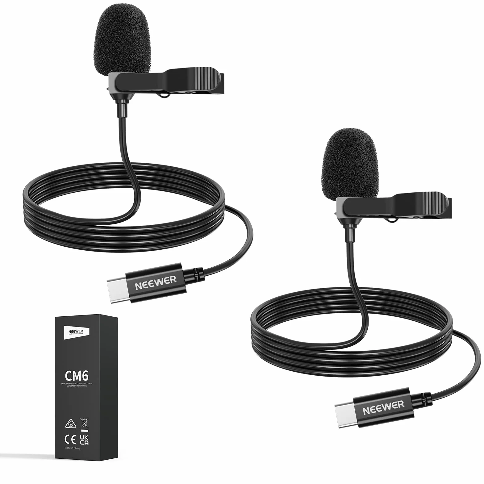 NEEWER 2 szt. Mini USB C mikrofon Lavalier kompatybilny z iPhone 16 15 Pro Max Android Phone Tablet PC, wielokierunkowy mikrofon pojemnościowy z klipsem do klapy z kablem 2 m / 6,6 stóp
