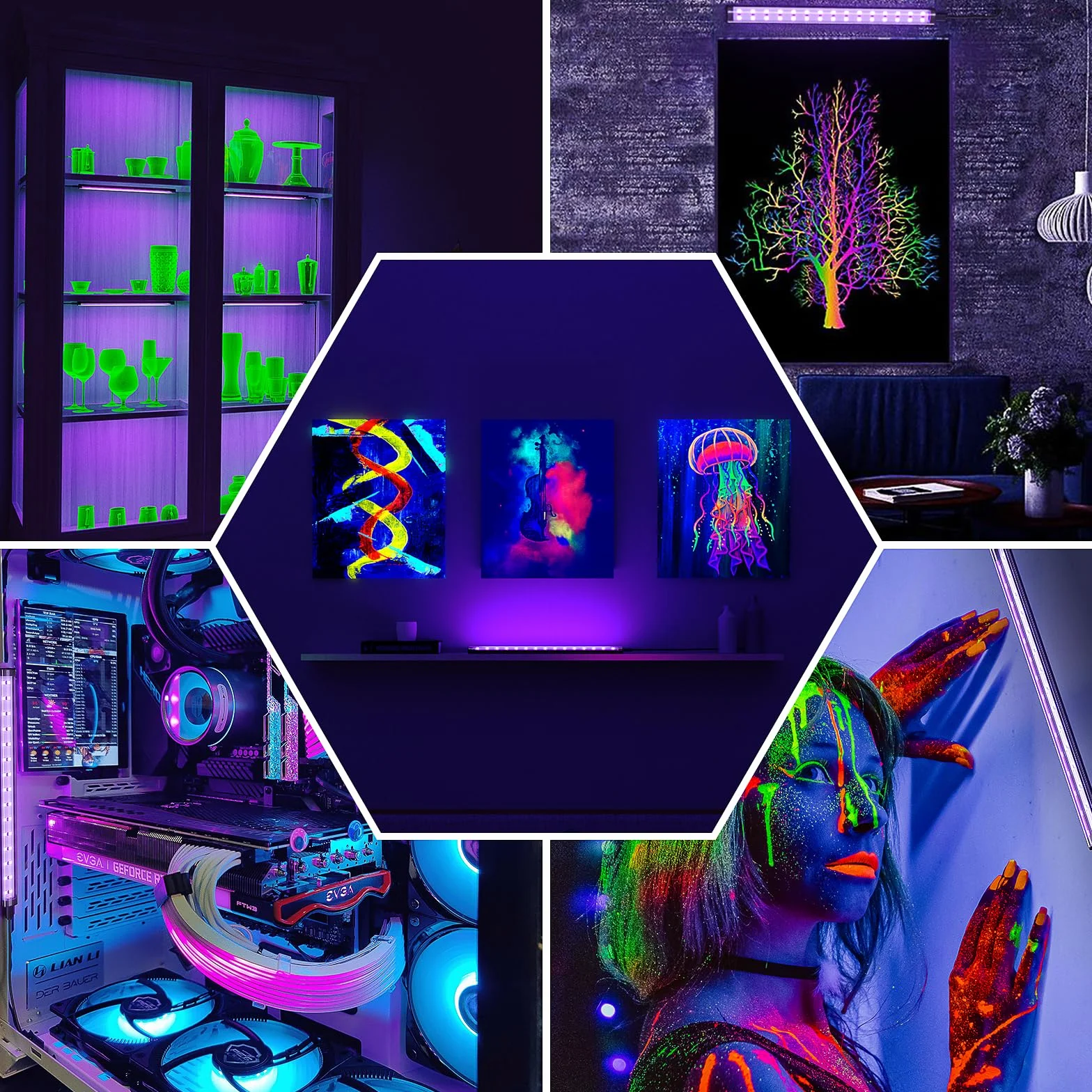 Onforu Listwa świetlna LED o mocy 10 W, 0,3 m, czarna rurka USB, czarne światło do fluorescencyjnego plakatu gobelinowego, szafki, świecącej imprezy, Halloween, farba do ciała, 2 szt