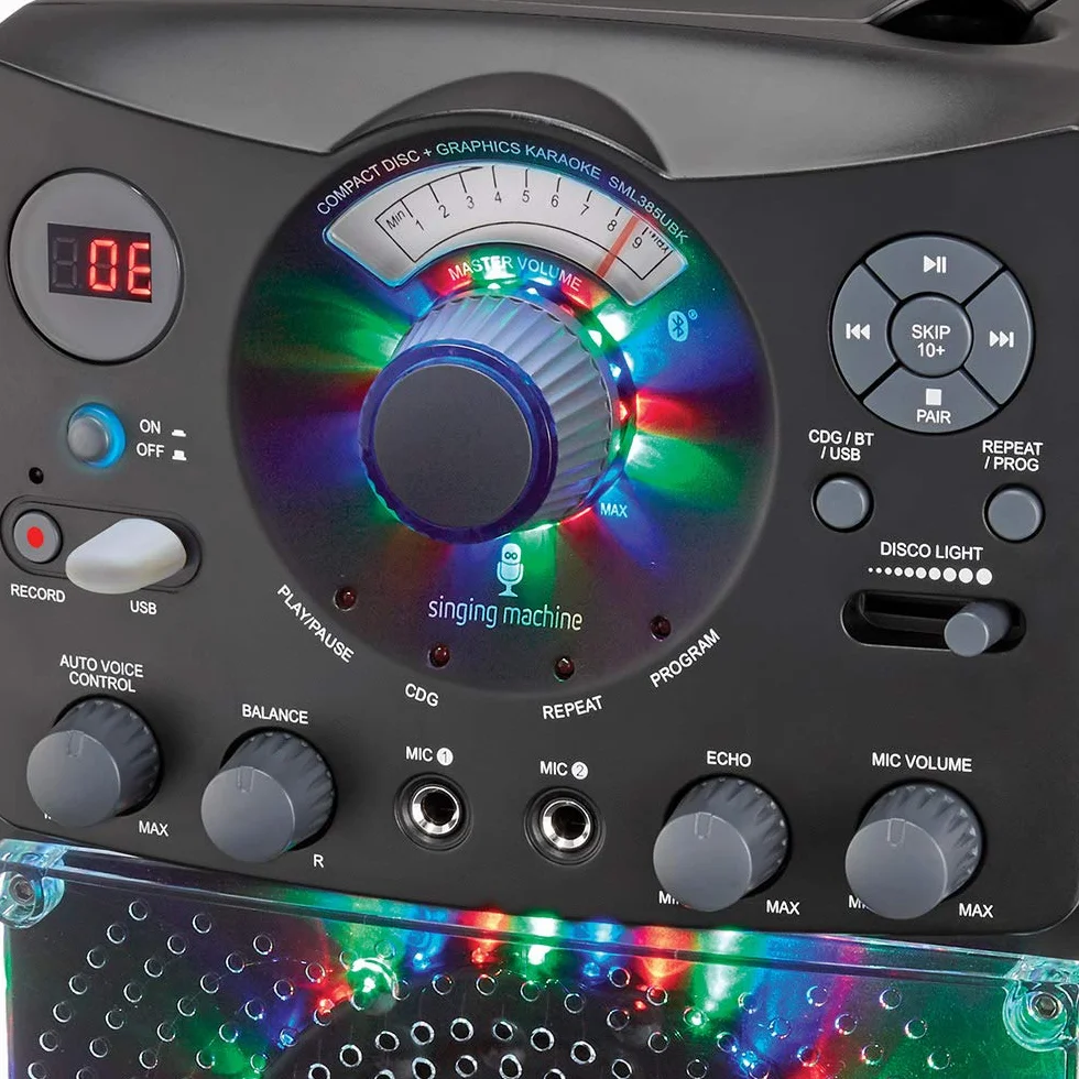 System do karaoke z połączeniem Bluetooth – Singing Machine SML385U w kolorze czarnym dla Europy – efekty świetlne LED, mikrofony, USB, wyjście RCA, sterowanie echem i balansowaniem oraz wejście AUX.