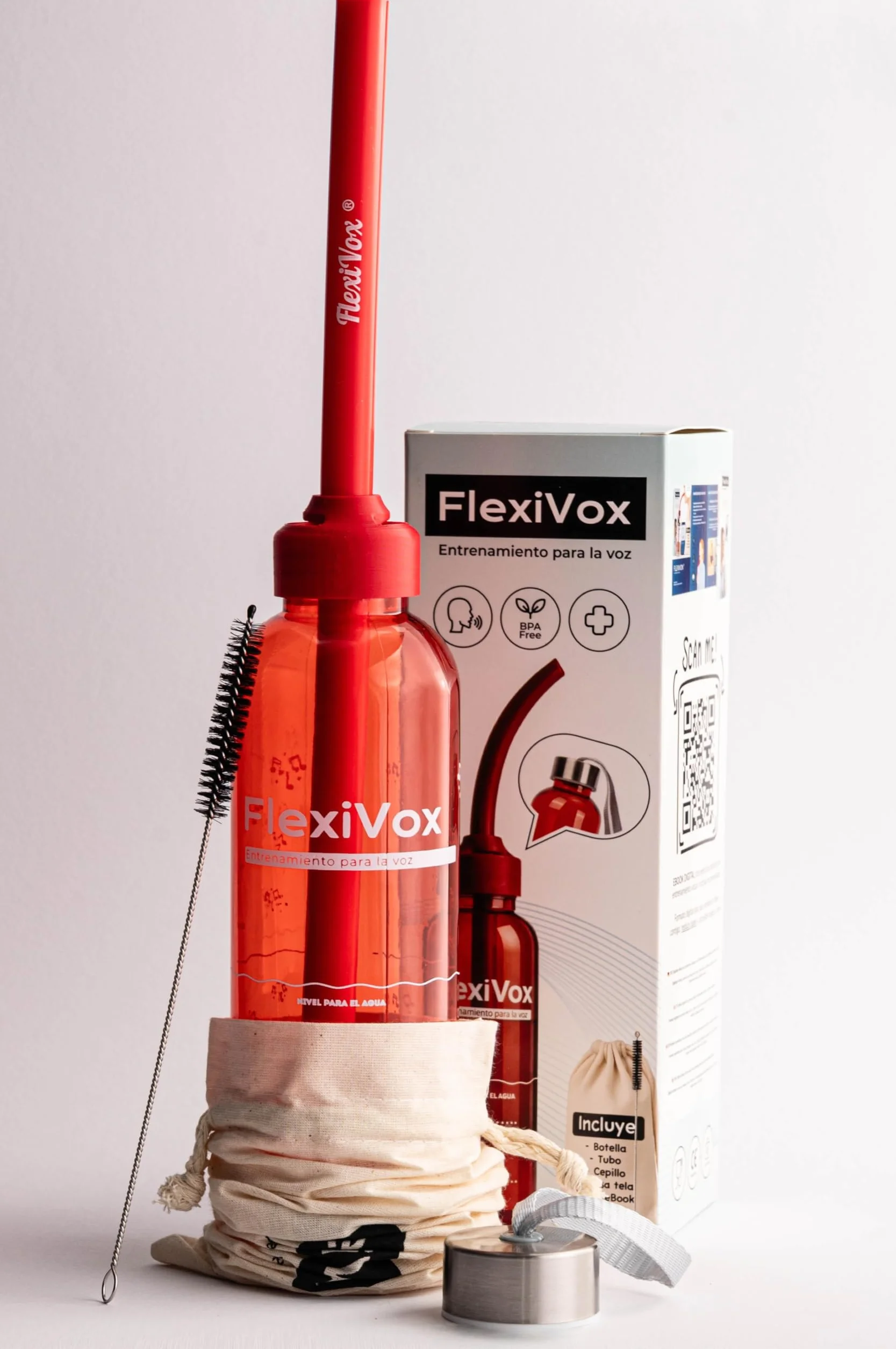 FlexiVox®, zestaw do ćwiczeń głosu | Stosowany w logopedii i terapii głosu z aseptyczną talkiem + Butelka z miarką + Szczotka + Torba + eBook + Korek regulacyjny