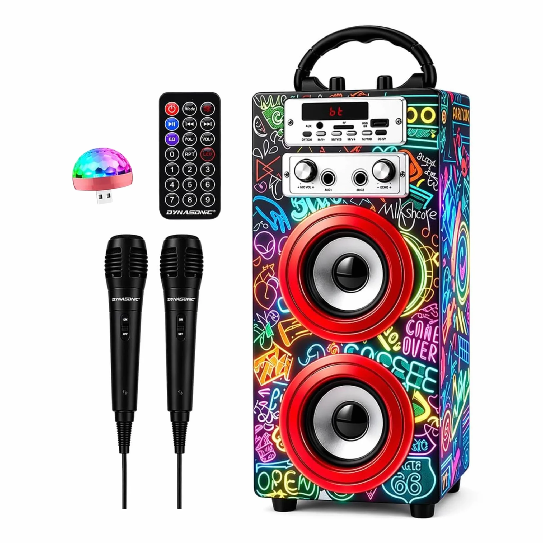 DYNASONIC Przenośna maszyna do karaoke, 2 mikrofony, głośnik Bluetooth, światła, czytnik USB i SD, prezent dla dzieci w wieku 5-13 lat (025-21 LIGHTS)