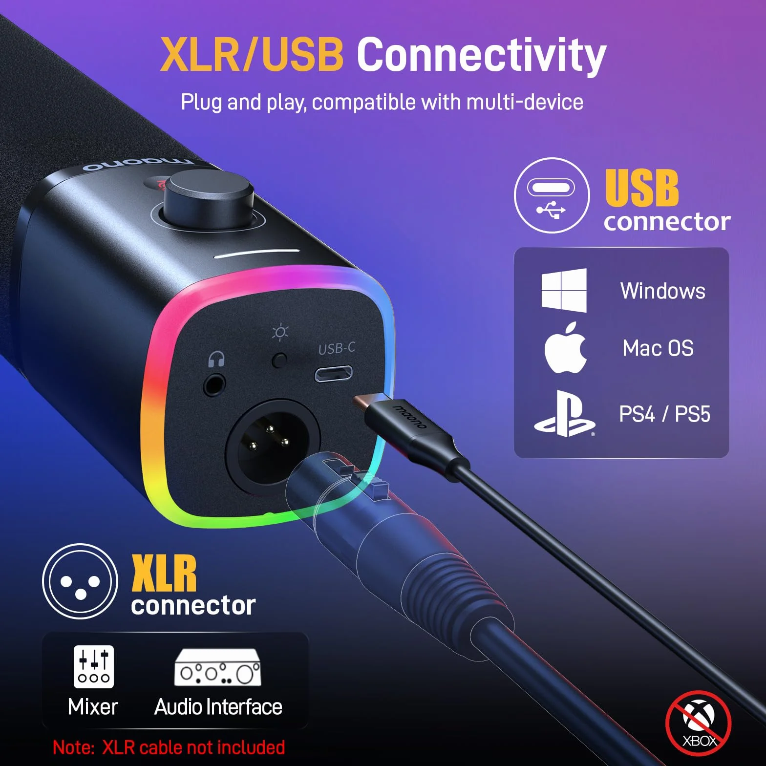 MAONO Dynamiczny mikrofon do gier: dynamiczny mikrofon komputerowy USB XLR z oprogramowaniem - mikrofon RGB PC dla graczy-podcastów zestaw mikrofonowy do strumieniowego studia nagrywania YouTube