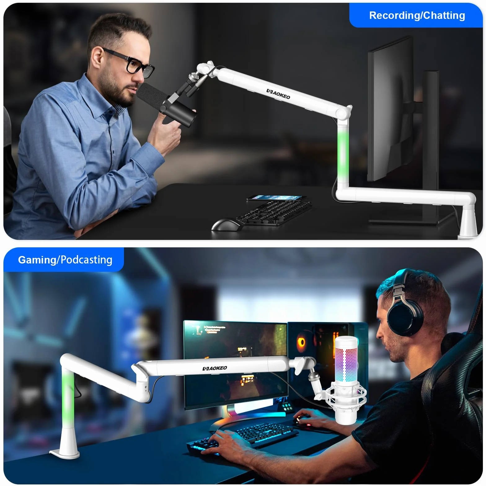 Ramię mikrofonowe, Aokeo AK-55 biurko niskoprofilowy regulowany stojak na ramię mikrofonowe, odpowiedni do Blue Yeti, Snowball iCE, HyperX QuadCast, SoloCast, Elgato Wave itp，biały