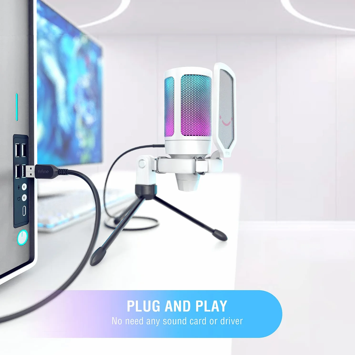 FIFINE USB Mikrofon do gier, RGB Kondensator Mikrofon do PC PS5, z przyciskiem ciszy, odporny na wstrząsy, uchwyt do statywu, filtr antyPop, do przesyłania strumieniowego Discord Twitch Podcasty wideo