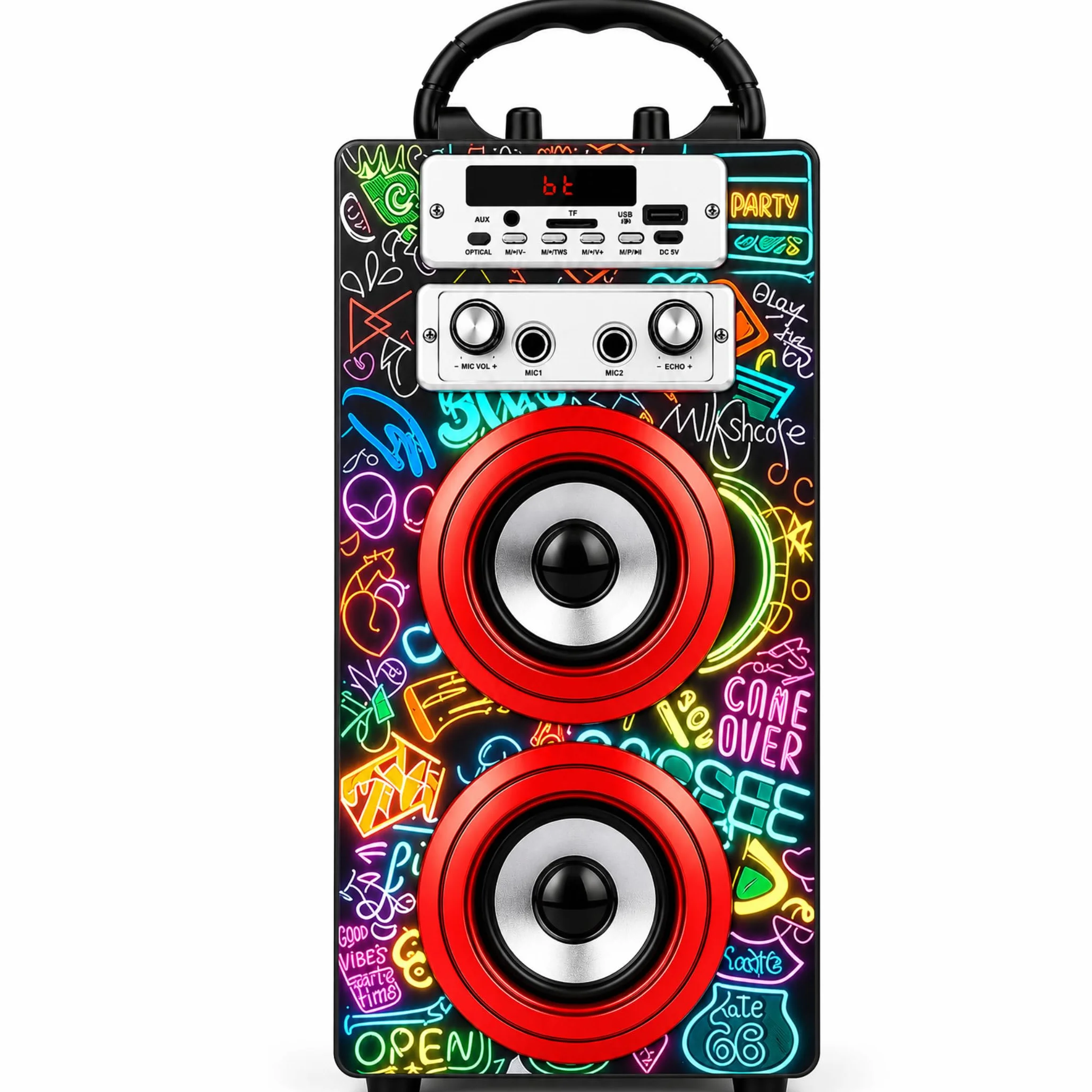 DYNASONIC Przenośna maszyna do karaoke, 2 mikrofony, głośnik Bluetooth, światła, czytnik USB i SD, prezent dla dzieci w wieku 5-13 lat (025-21 LIGHTS)