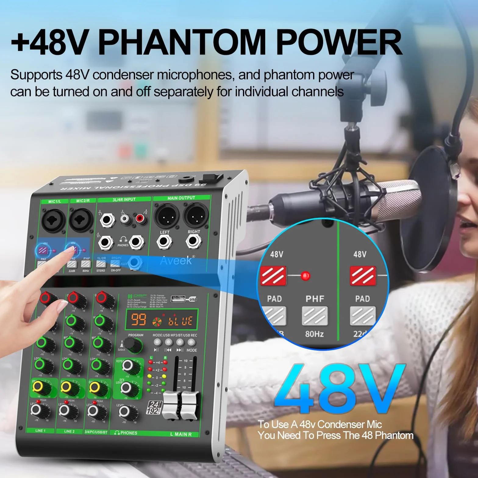 Aveek Mikser audio, profesjonalny mikser z pamięcią USB/Bluetooth/komputerem/4-kanałowym wejściem stereo mikser DJ, 48 V Phantom Digital 99 DSP do nagrywania na komputerze, karaoke, studio