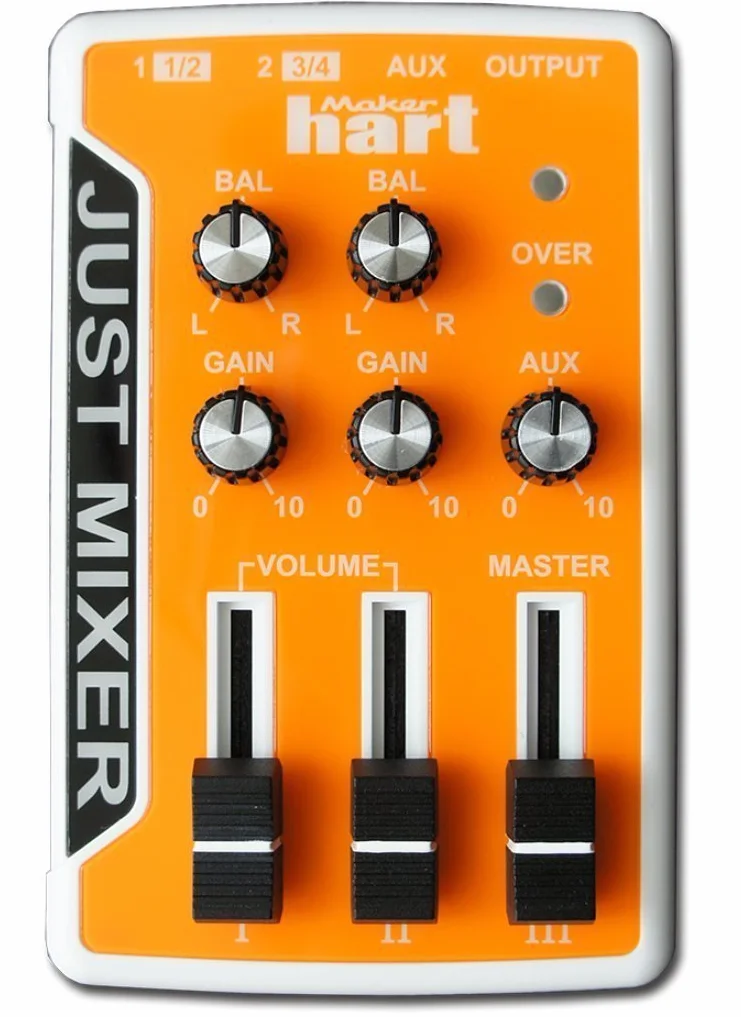 JUST MIXER Mikser audio/DJ – zasilany baterią/USB, przenośny kieszonkowy mikser audio z 3 kanałami stereo (3,5 mm) plus włącznik/wyłącznik (pomarańczowy)