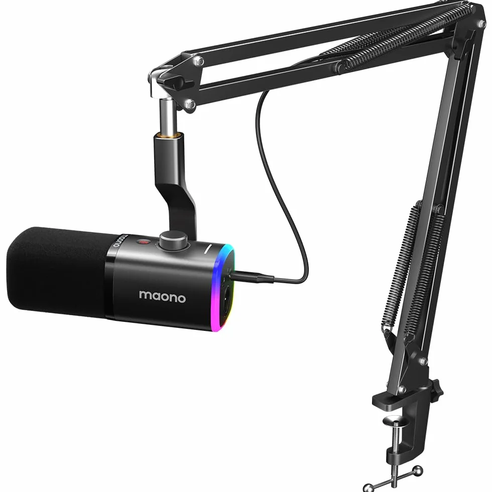 MAONO Dynamiczny mikrofon gamingowy z ramieniem wysięgnika: XLR/USB mikrofon podcastowy z oprogramowaniem, przycisk wyciszenia, sterowanie wzmocnieniem, mikrofon RGB PC do przesyłania strumieniowego