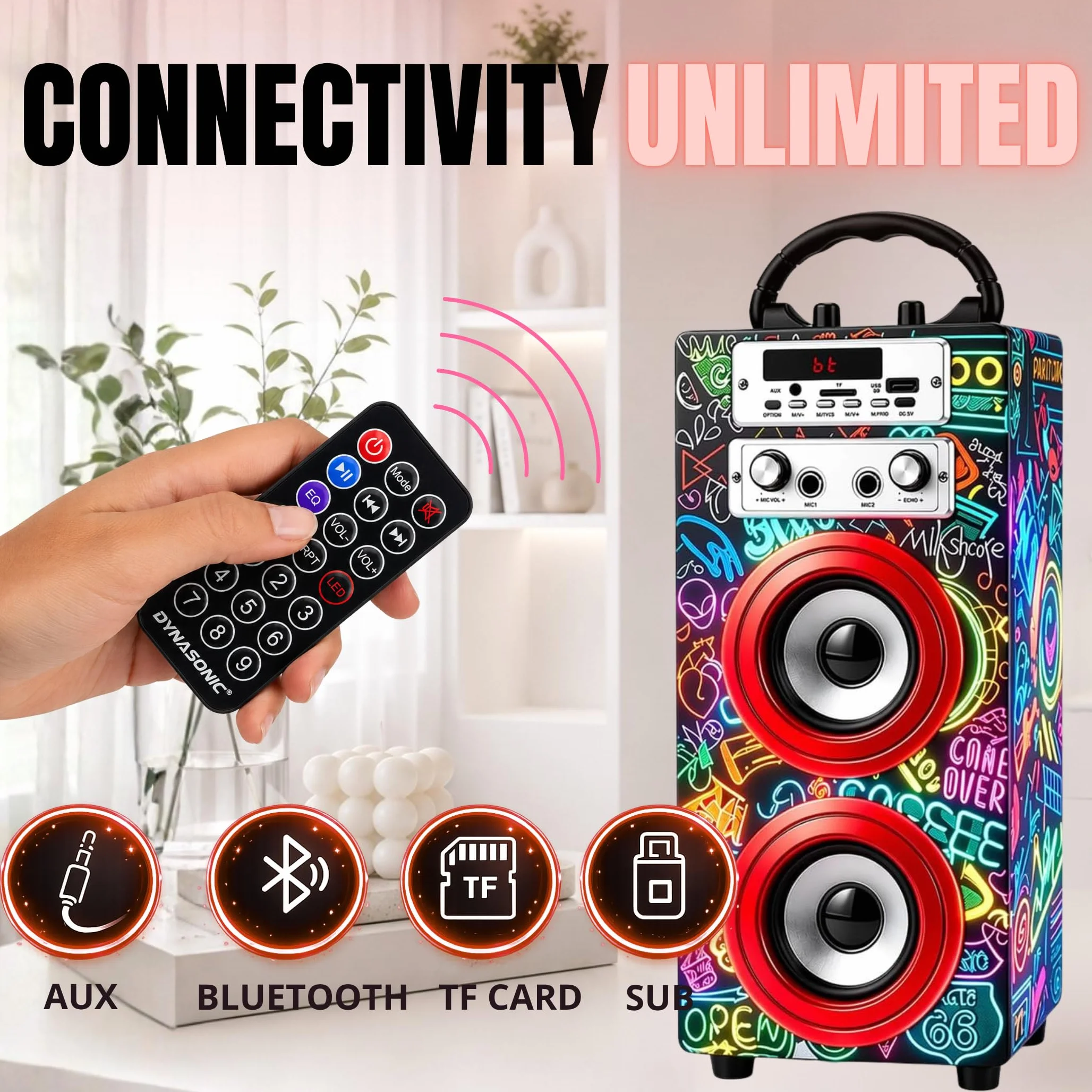 DYNASONIC Przenośna maszyna do karaoke, 2 mikrofony, głośnik Bluetooth, światła, czytnik USB i SD, prezent dla dzieci w wieku 5-13 lat (025-21 LIGHTS)