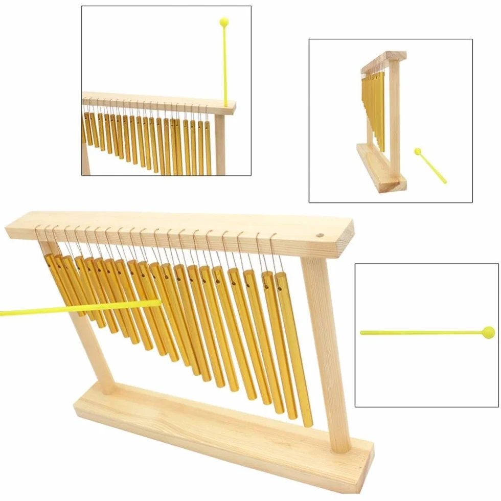 Alomejor Dzwonki perkusyjne, jednorzędowe, muzyczne, perkusyjne, dzwonki dętkowe z 20 różnymi tonami, drewniany stojak i instrument perkusyjny