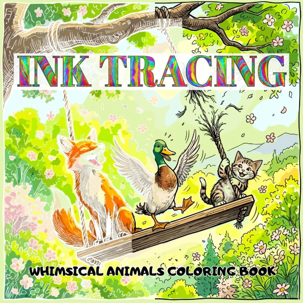 Ink Tracing Whimsical Animals: Pre-Colored Reverse Ink Coloring Book: Featuring Cute Kawaii Animals, Mindful Coloring, Stress Relief, Relaxation, and ... Pre-Colored Designs Using Only One Black Pen