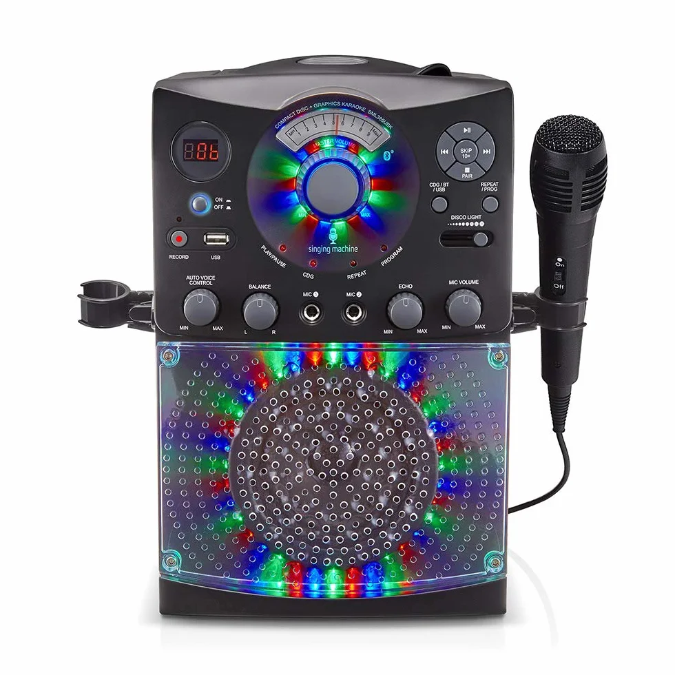 System do karaoke z połączeniem Bluetooth – Singing Machine SML385U w kolorze czarnym dla Europy – efekty świetlne LED, mikrofony, USB, wyjście RCA, sterowanie echem i balansowaniem oraz wejście AUX.