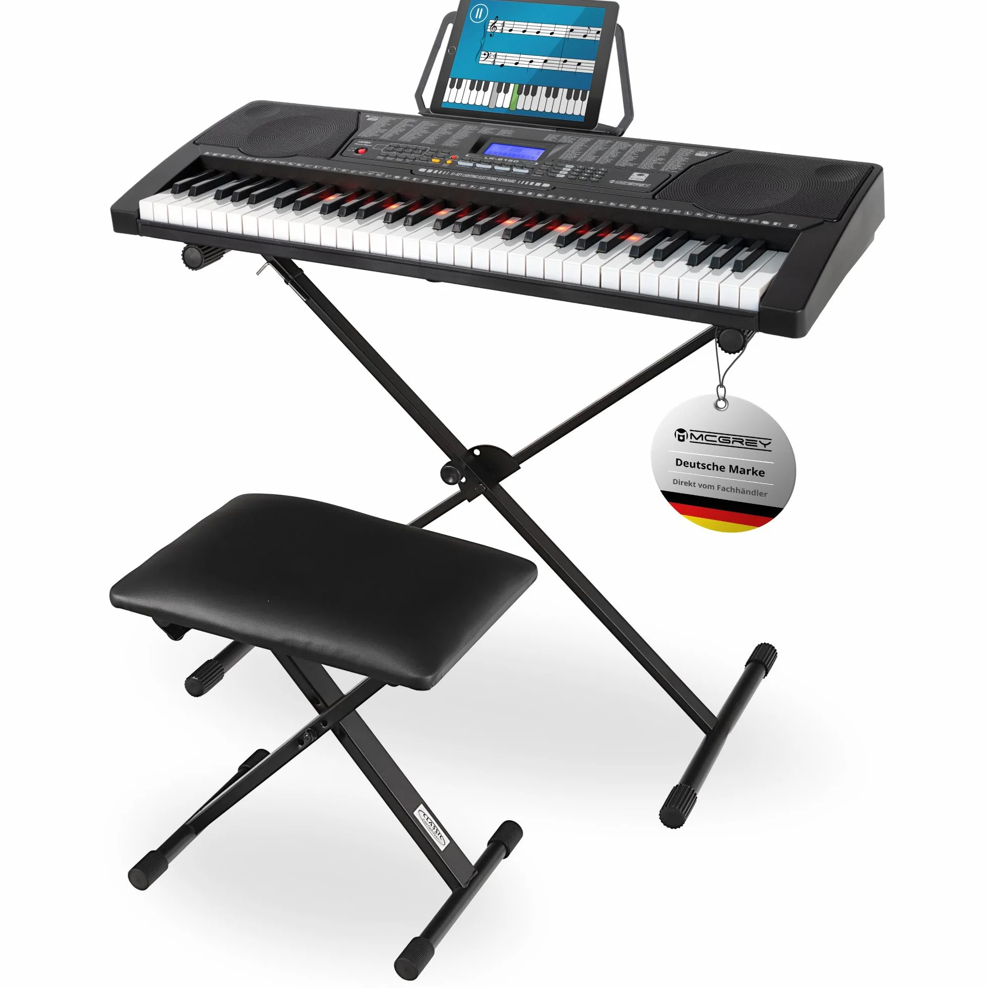 McGrey LK-6150 zestaw 61 klawiszy keyboard – klawiatura dla początkujących z 61 przyciskami świecącymi – 255 dźwięków i 255 rytmów – wbudowany odtwarzacz MP3 – w zestawie stojak i taboret – czarny