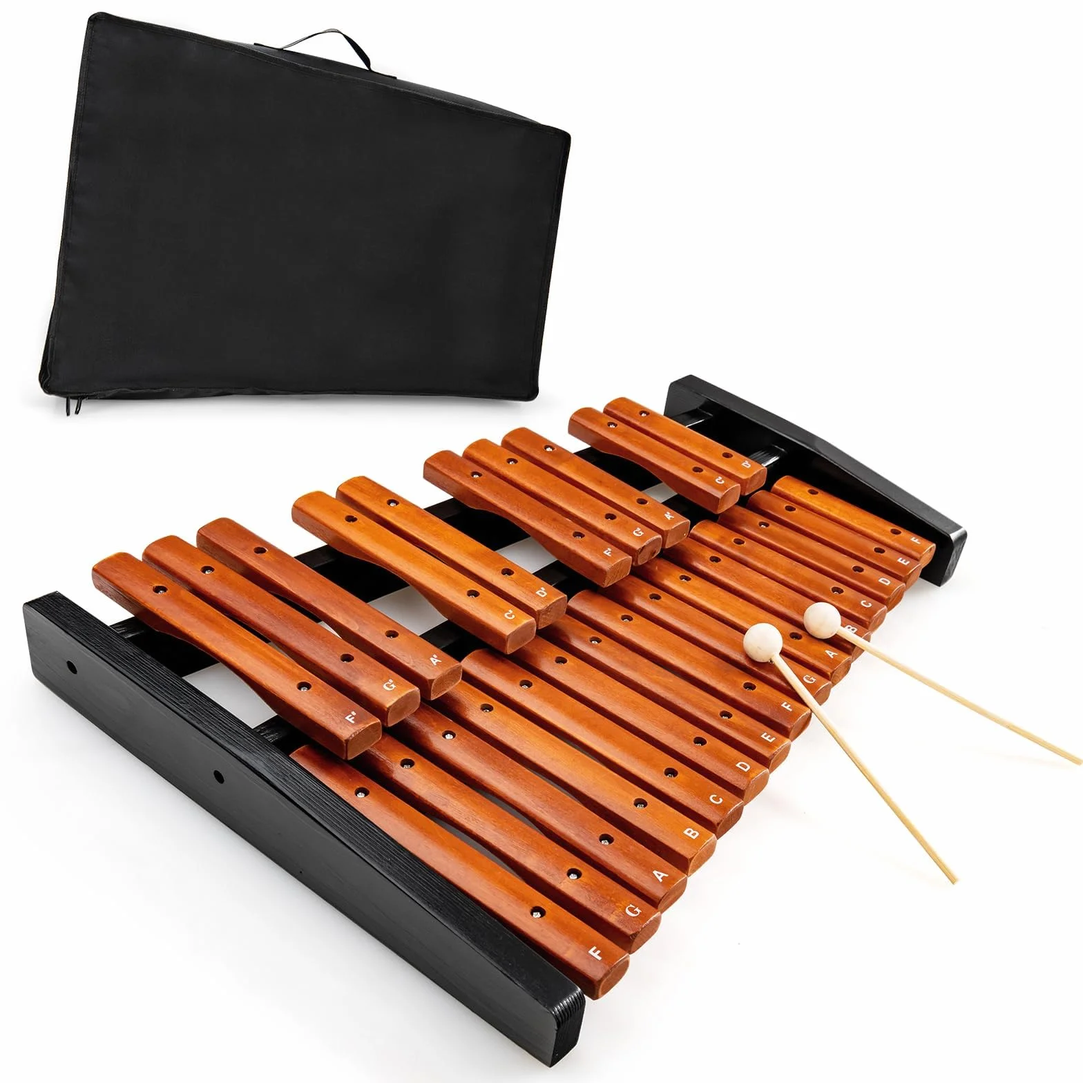 KOMFOTTEU Ksylofon 25 nut z drewna, dzwonki z 2 pałeczkami, instrument perkusyjny z torbą do noszenia, instrument muzyczny dla dzieci i dorosłych
