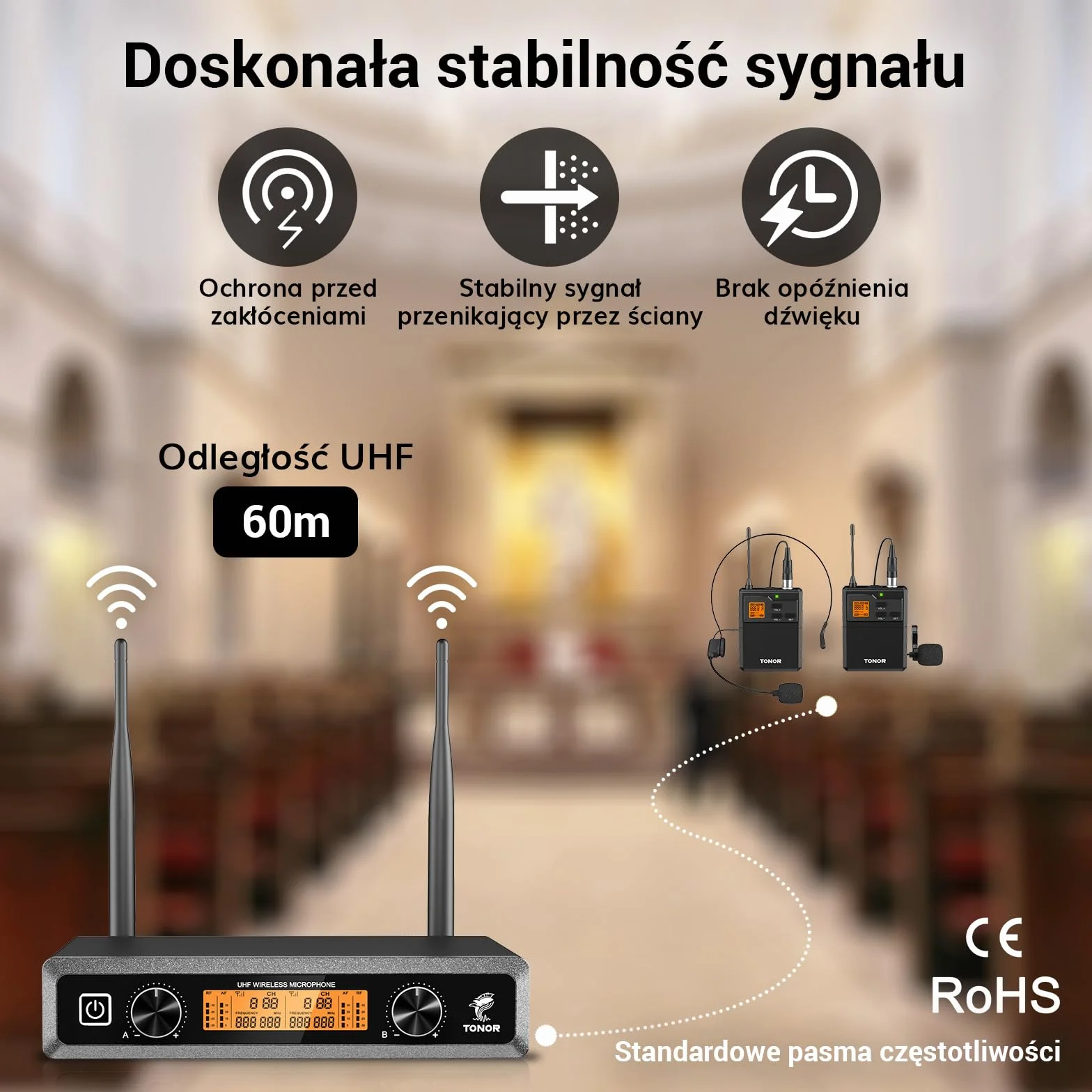 System mikrofonów bezprzewodowych TONOR UHF z mikrofonami słuchawkowymi/Lavalier Lapel Mics, nadajnik Bodypack, odbiornik, kanały 2 * 5, zakres 60M do śpiewu na żywo Karaoke Church Party