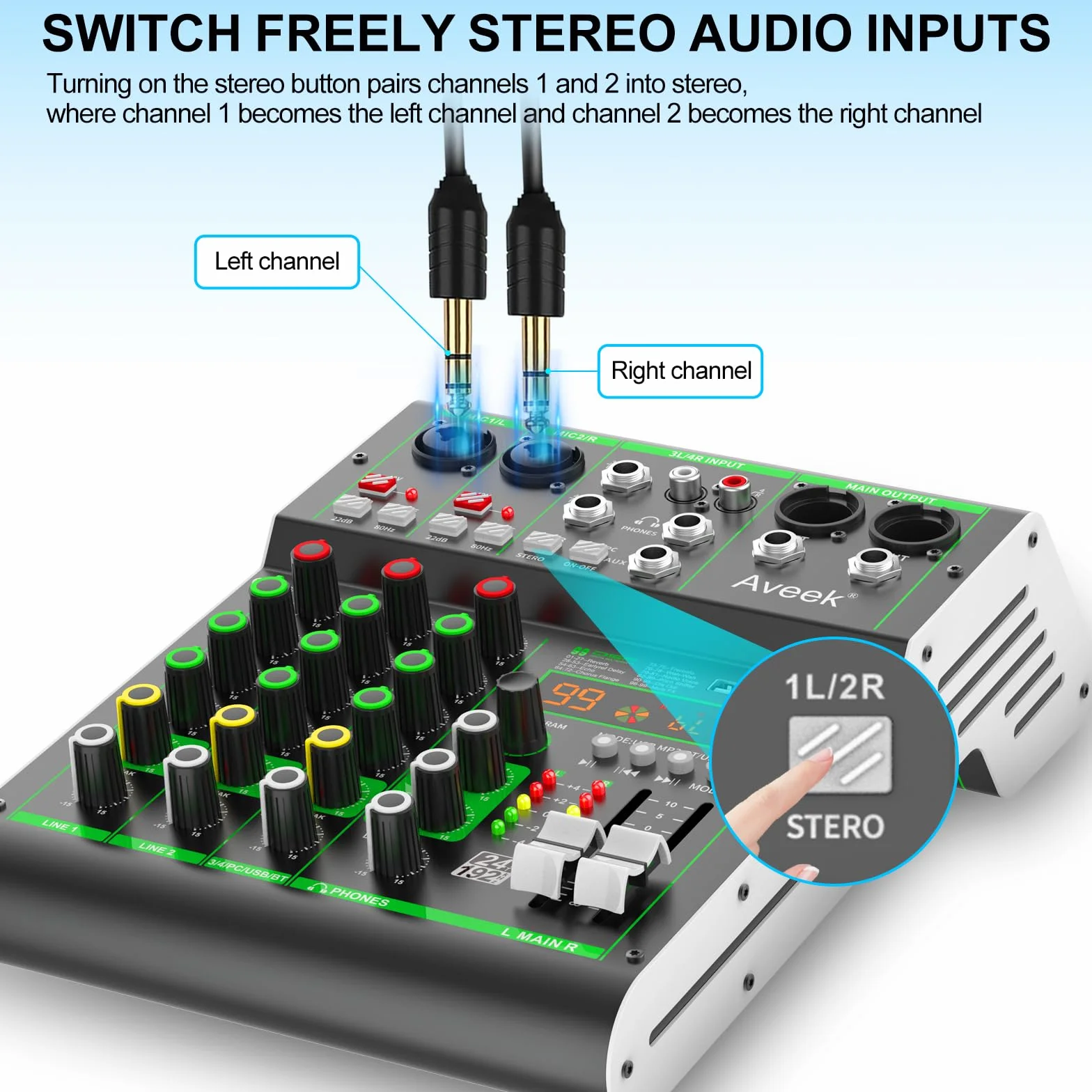 Aveek Mikser audio, profesjonalny mikser z pamięcią USB/Bluetooth/komputerem/4-kanałowym wejściem stereo mikser DJ, 48 V Phantom Digital 99 DSP do nagrywania na komputerze, karaoke, studio