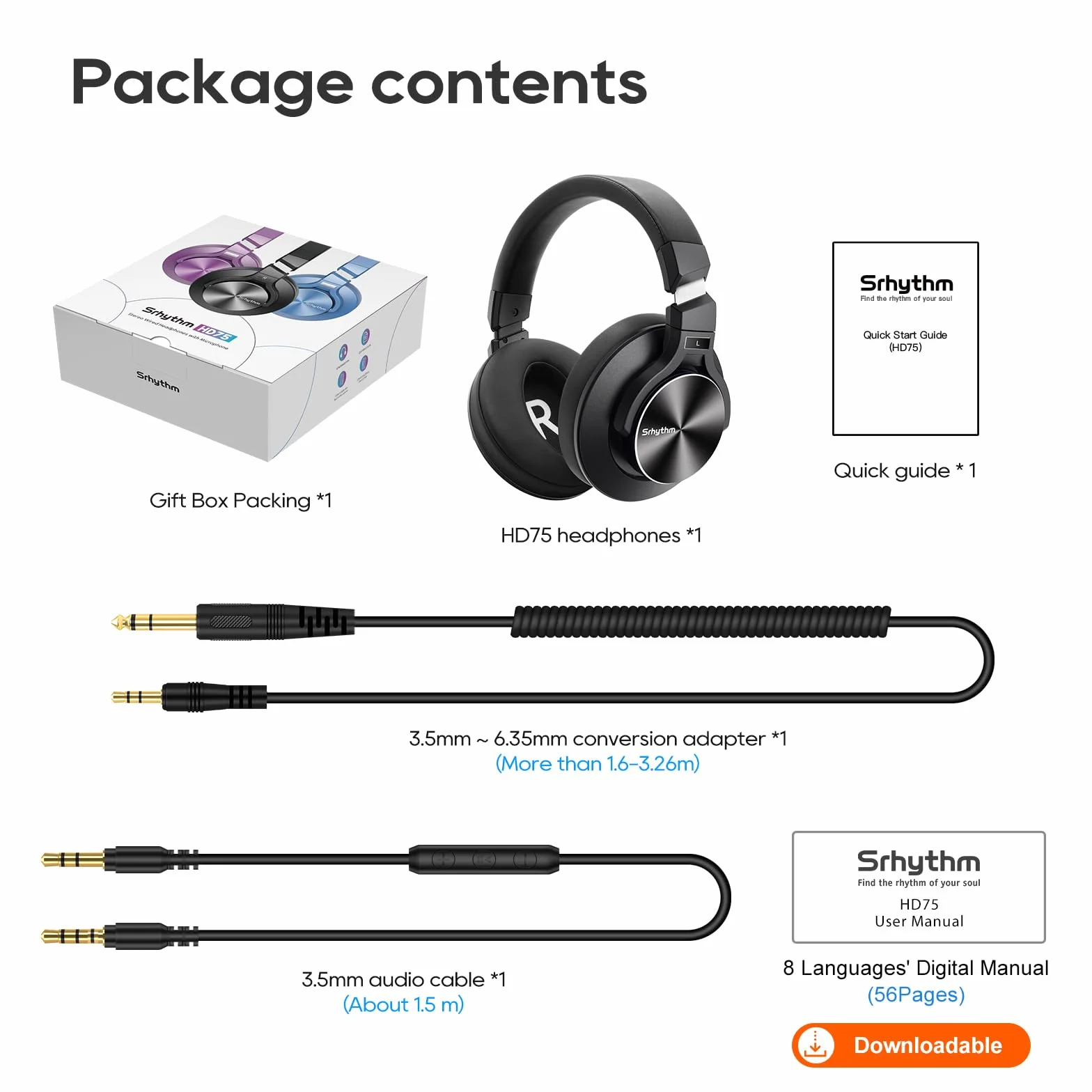 Srhythm HD75 przewodowe słuchawki nauszne DJ do studia/imprezy/gitary