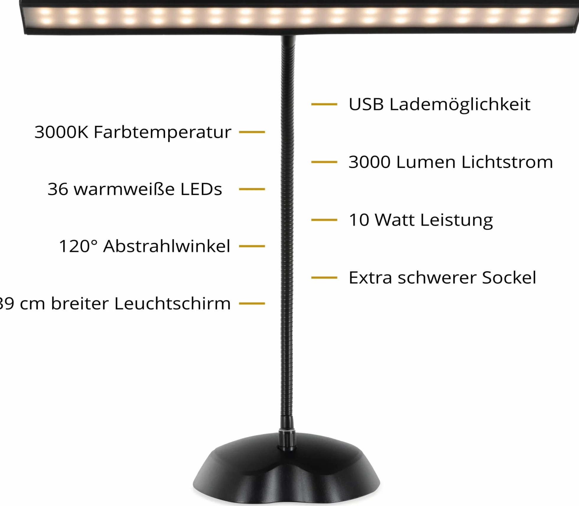 Classic Cantabile 12220 przyciemniana lampa fortepianowa, biała, 36 jasnych diod LED, długość 38 cm, zintegrowane złącze ładowania USB do smartfona lub tabletu, kolor czarny