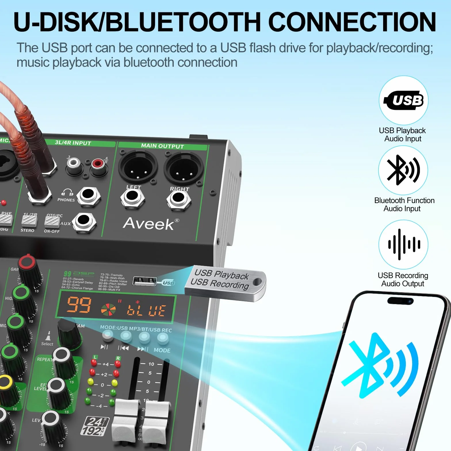 Aveek Mikser audio, profesjonalny mikser z pamięcią USB/Bluetooth/komputerem/4-kanałowym wejściem stereo mikser DJ, 48 V Phantom Digital 99 DSP do nagrywania na komputerze, karaoke, studio