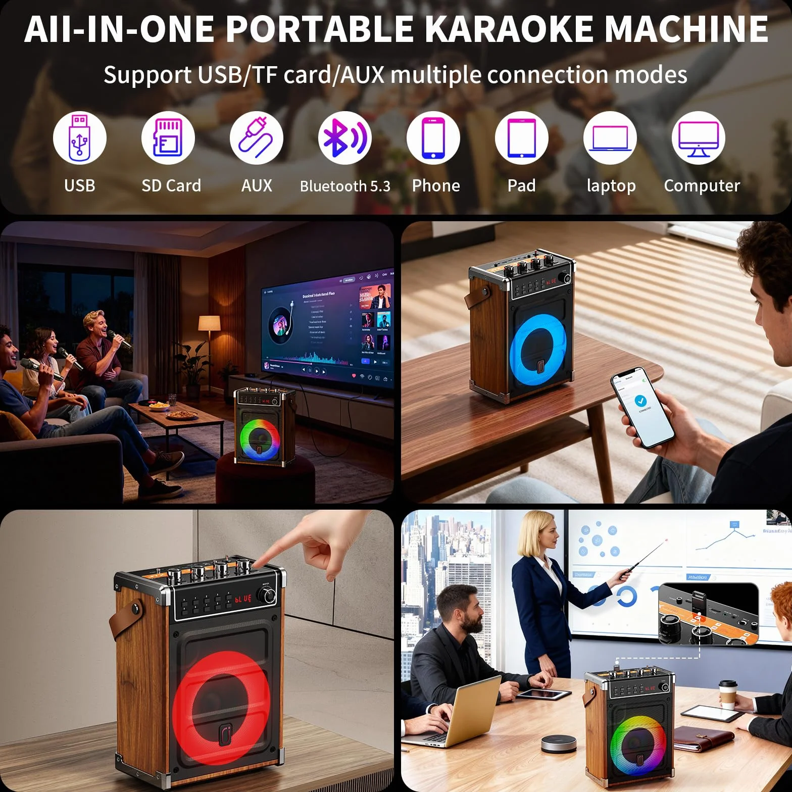 JYX Maszyna do karaoke z 2 mikrofonami bezprzewodowymi UHF, regulacją tonów niskich i wysokich oraz oświetleniem LED, obsługą TWS, wejściem AUX, FM, REC