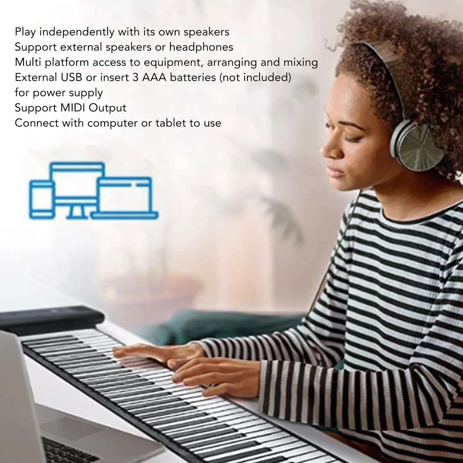 PM49H Roll Up Piano 49 Klawiszy Akumulatorowa Miękka Klawiatura Bluetooth MIDI Dźwięk Przestrzenny 4D Składane Pianino