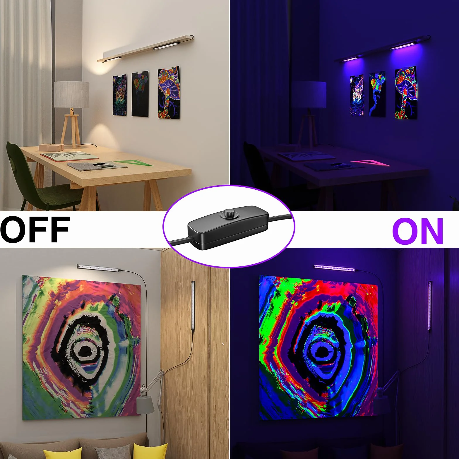 Onforu Listwa świetlna LED o mocy 10 W, 0,3 m, czarna rurka USB, czarne światło do fluorescencyjnego plakatu gobelinowego, szafki, świecącej imprezy, Halloween, farba do ciała, 2 szt