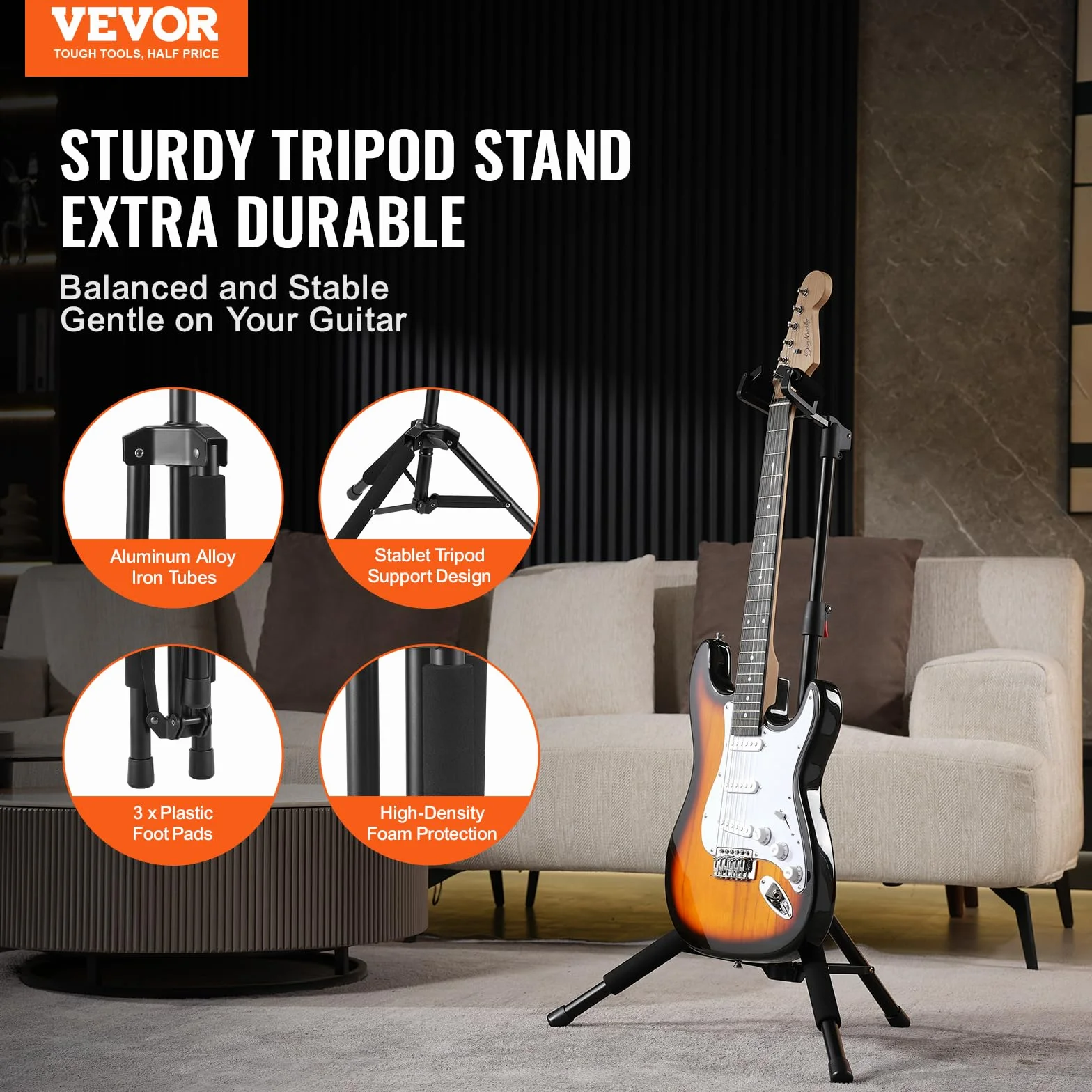 VEVOR Stojak na gitarę stojącą, nośność 33 lb/15 kg, składany uchwyt na gitarę basową z regulacją wysokości 900-1200 mm, statyw do klasycznej elektrycznej gitary akustycznej