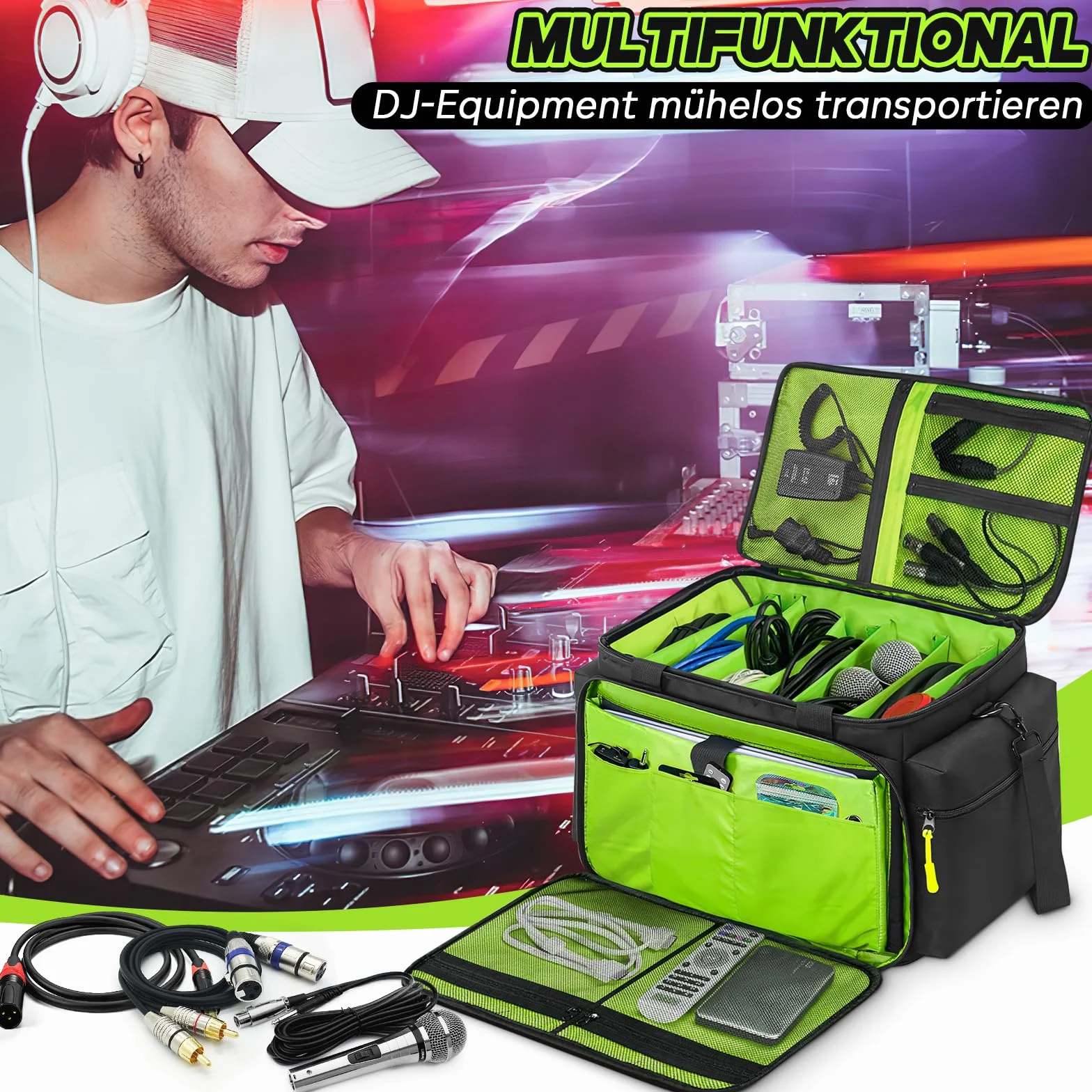 SUNDOY Torba na kable DJ – torba na kabel ze zdejmowanym, wyściełanym dnem i ściankami działowymi, torba na sprzęt DJ, kabel audio i akcesoria muzyczne, czarny, 45.7 x 31 x 35.6-cm, Wodoszczelna